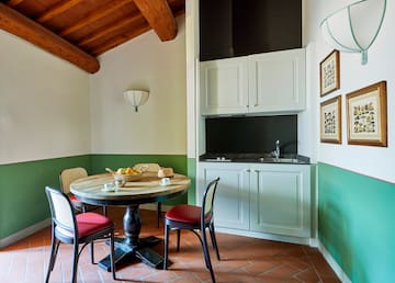 a room with a table and chairs