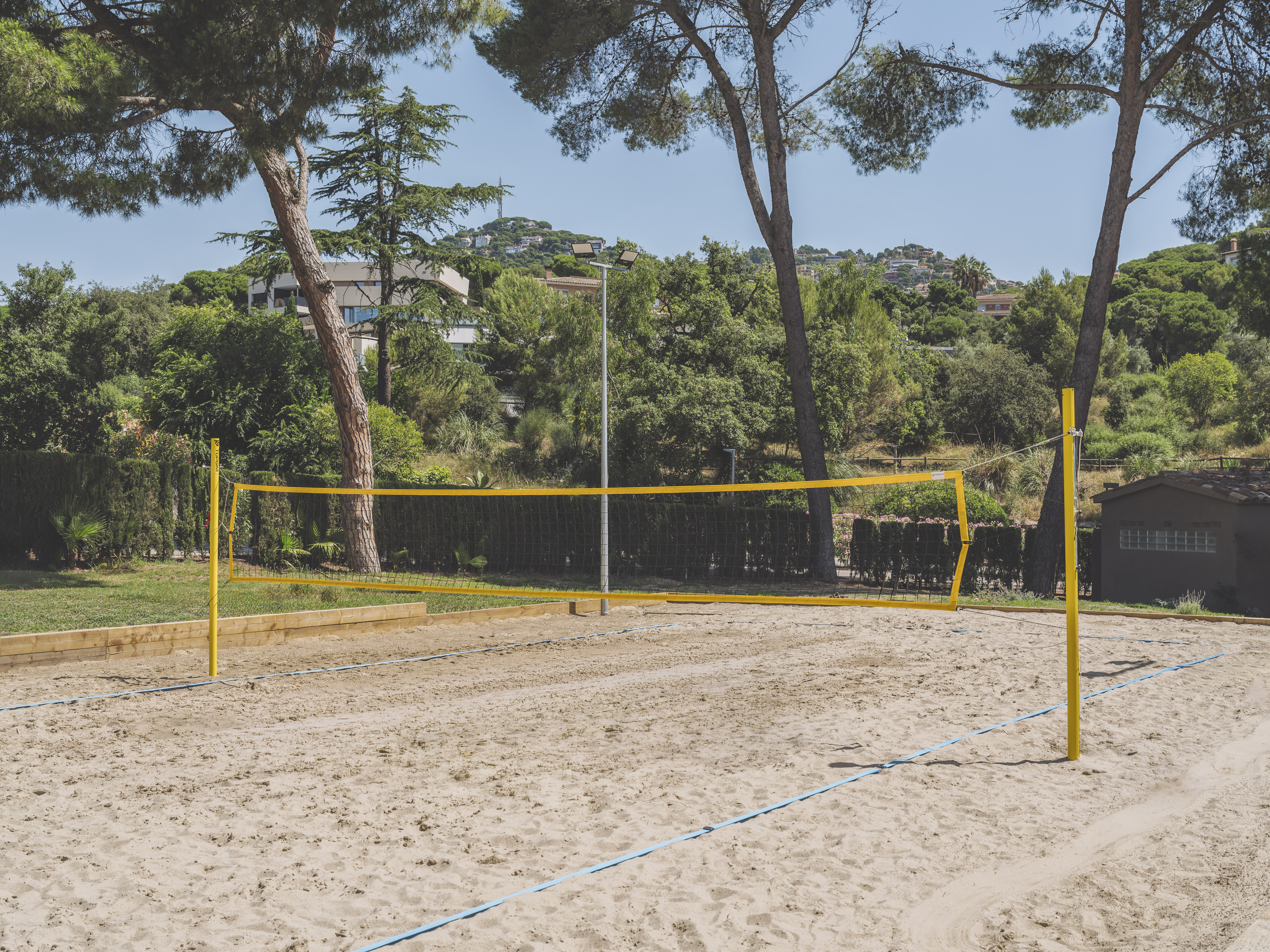 Empty outdoor beach volleyball court on sand with yellow net, surrounded by trees.