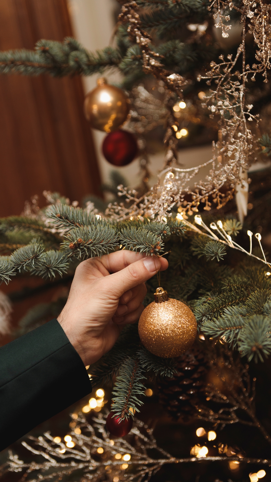 Decorating Christmas tree: hand hanging a sparkling gold bauble.