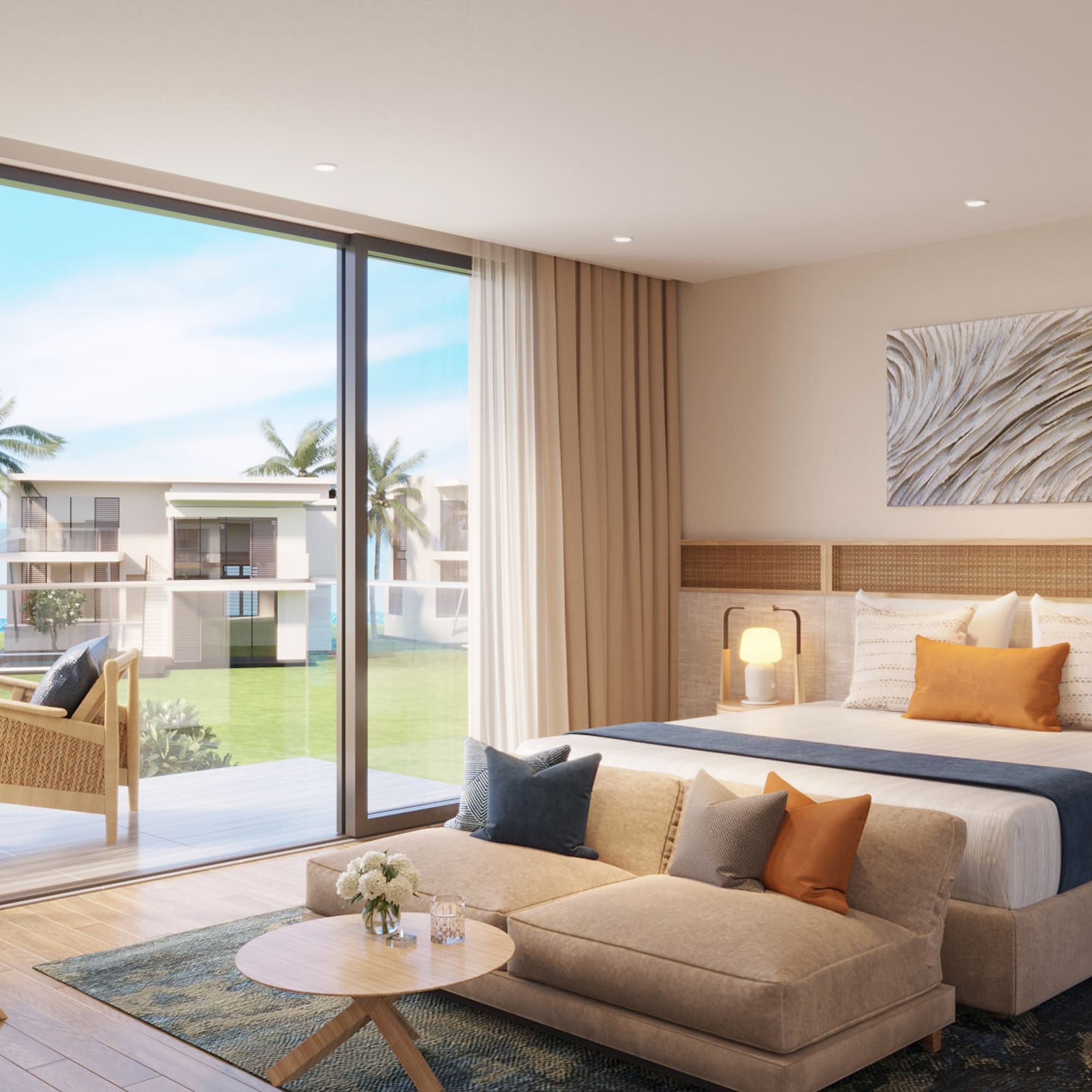 a bedroom with a large bed and a glass door