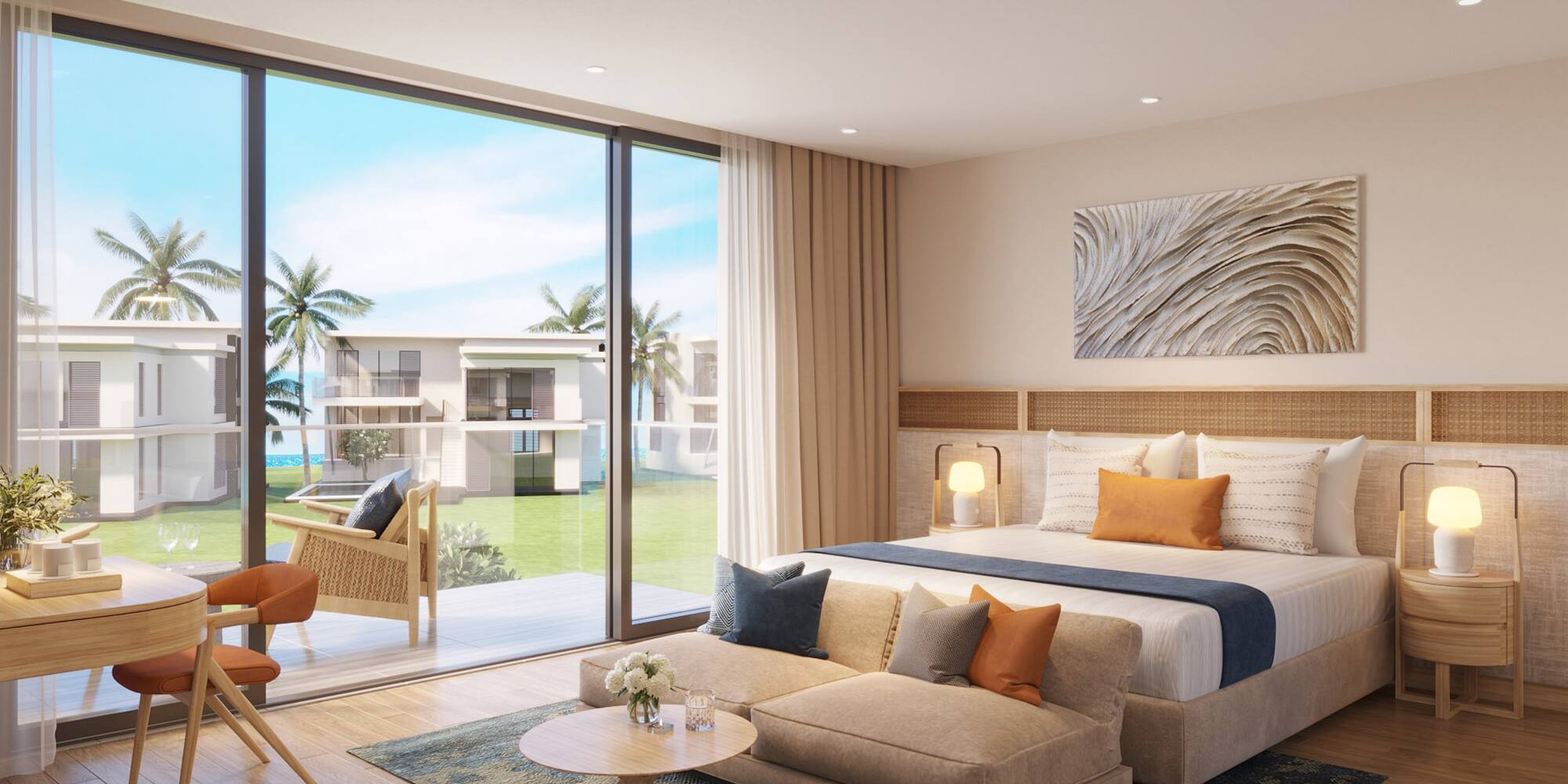 a bedroom with a large bed and a glass door