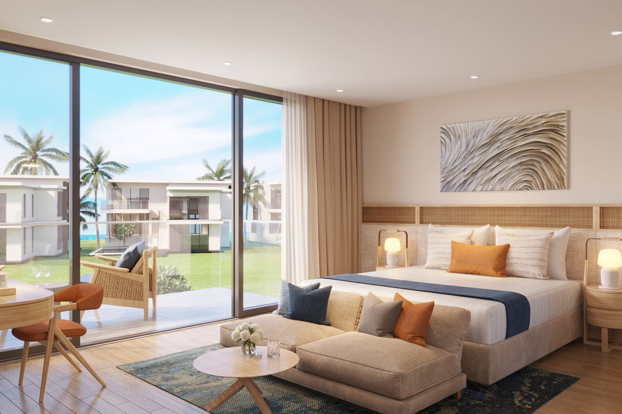 a bedroom with a large bed and a glass door