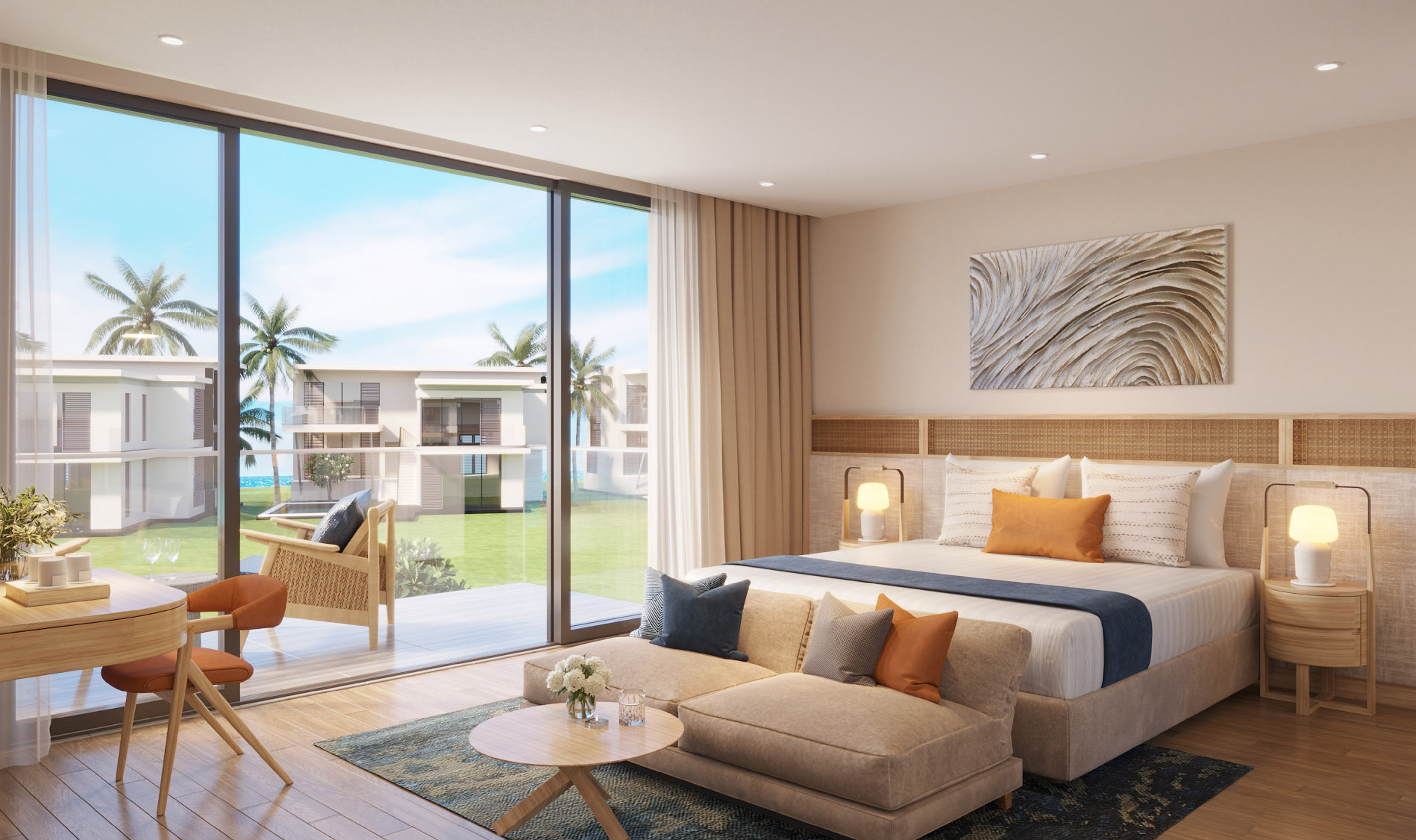 a bedroom with a large bed and a glass door