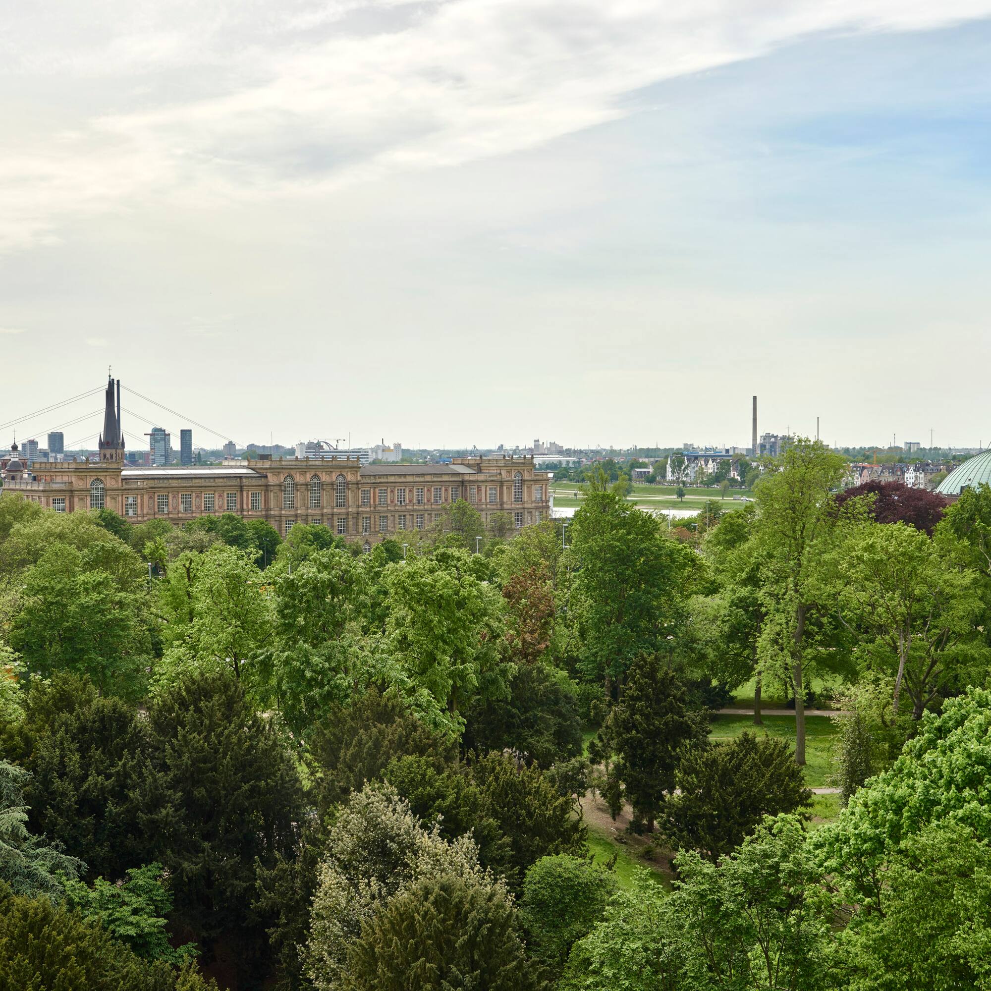Düsseldorf skyline with Rheinturm, historic building, and lush green park.