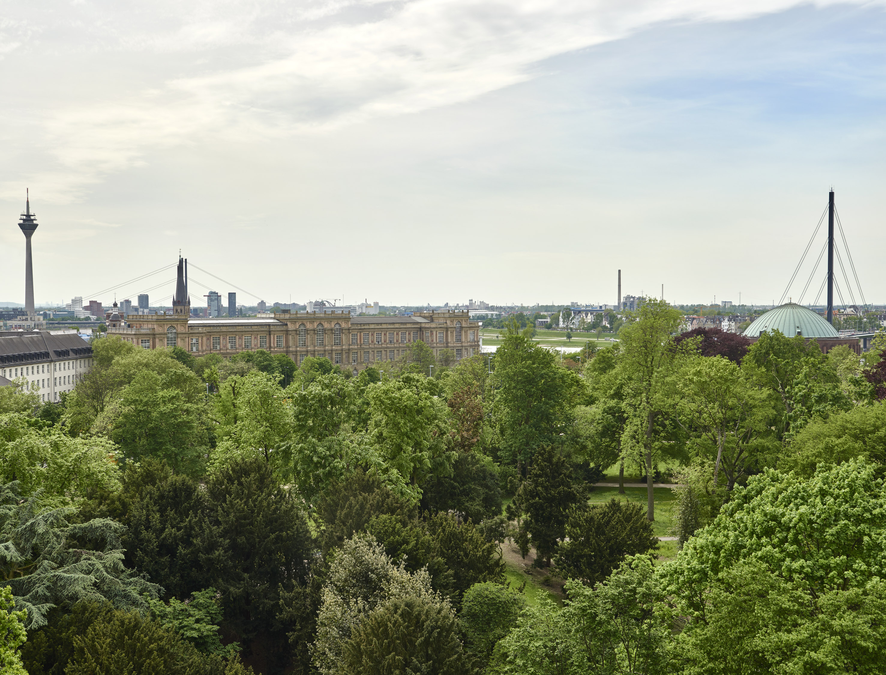 Düsseldorf skyline over green Hofgarten park with Rheinturm and Tonhalle.