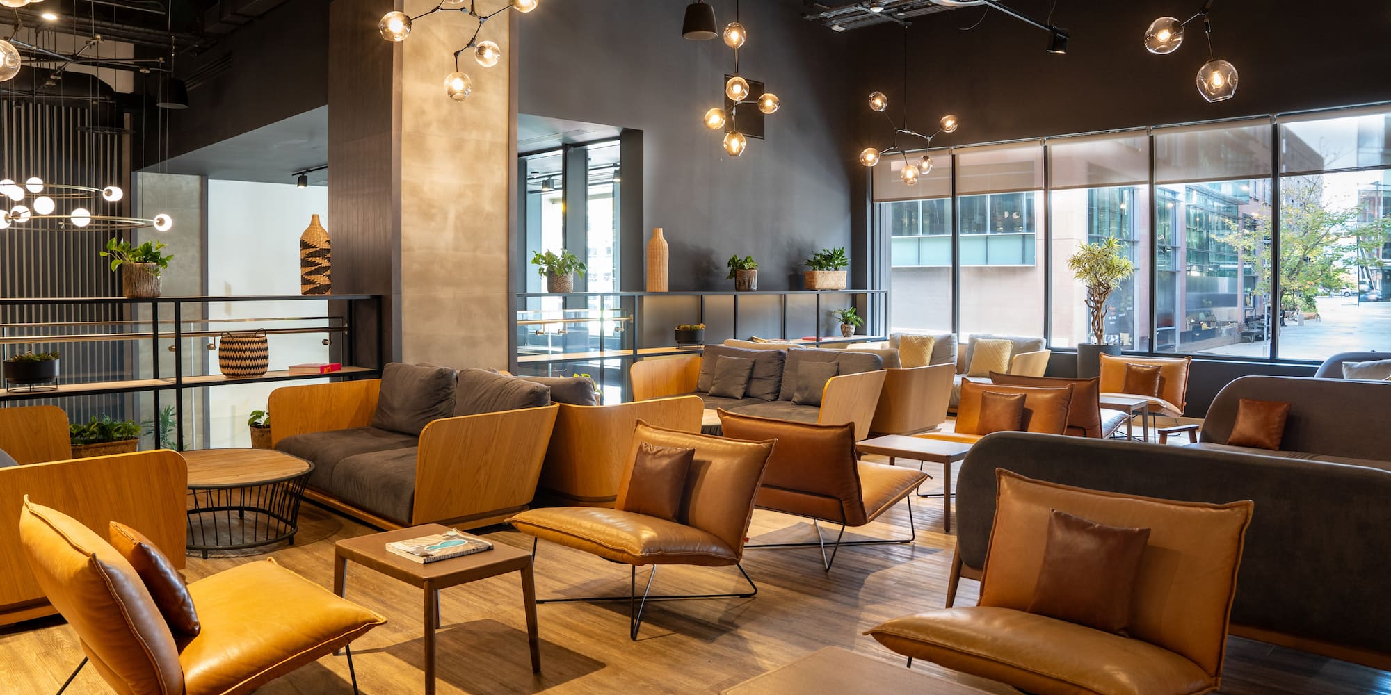 a room with couches and tables