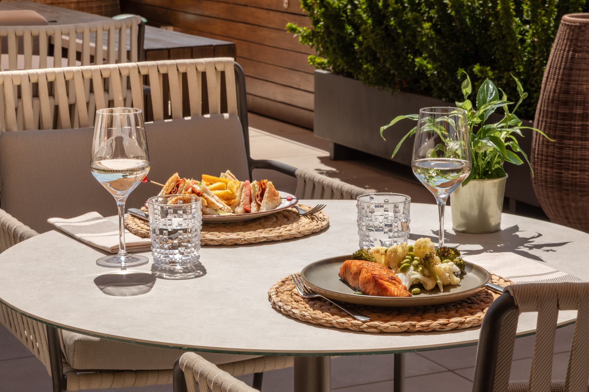 Al fresco lunch: salmon and vegetables, club sandwich, white wine.