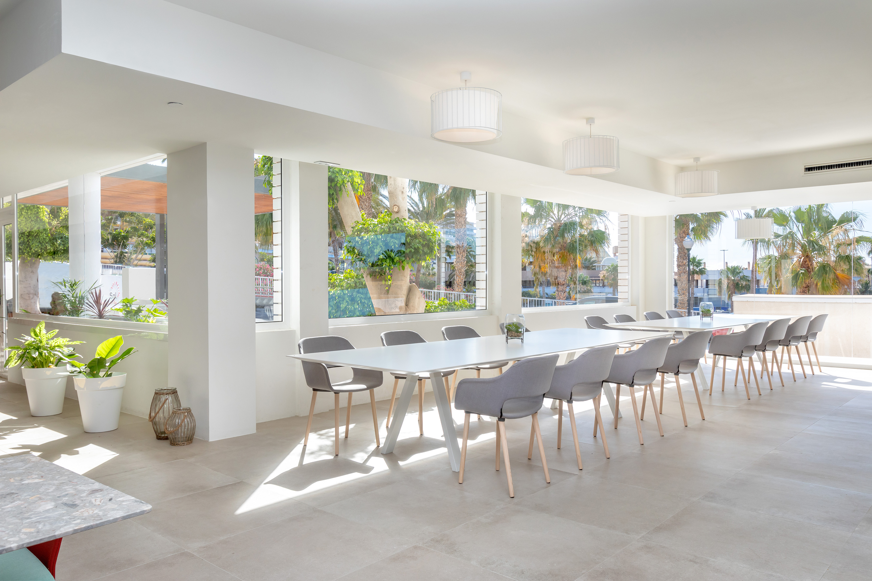 Bright modern room with long white tables, gray chairs, and palm trees.