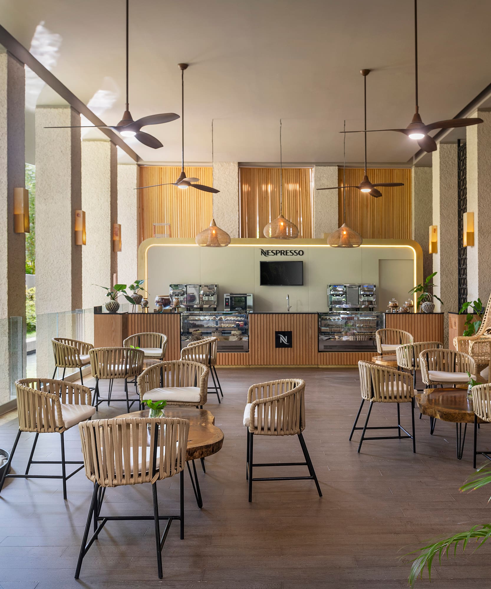 a room with chairs and tables