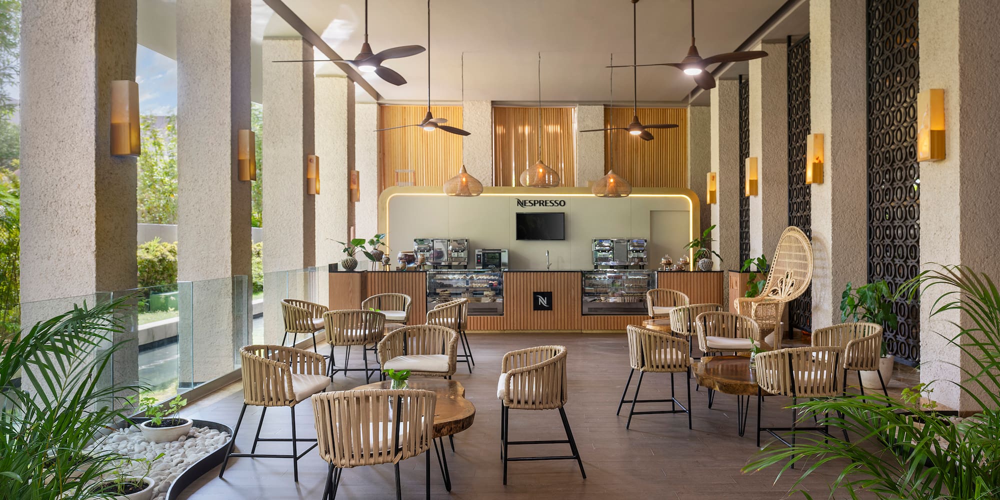 a room with chairs and tables