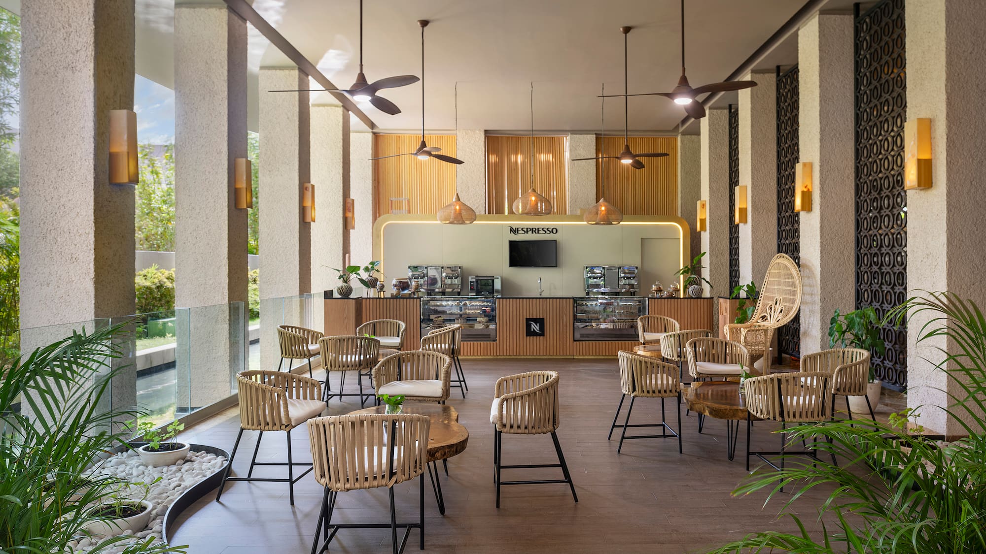 a room with chairs and tables