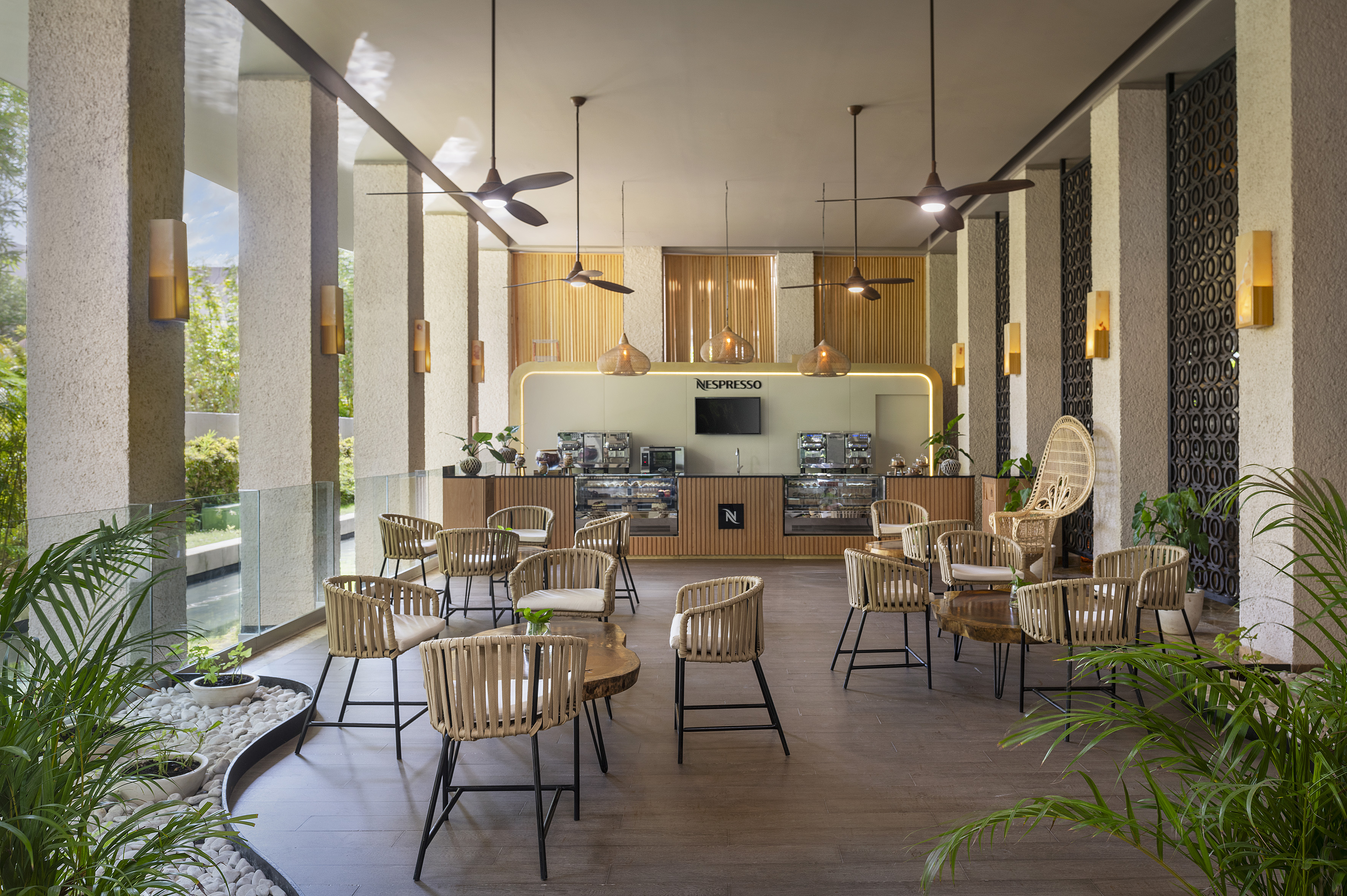 a room with chairs and tables