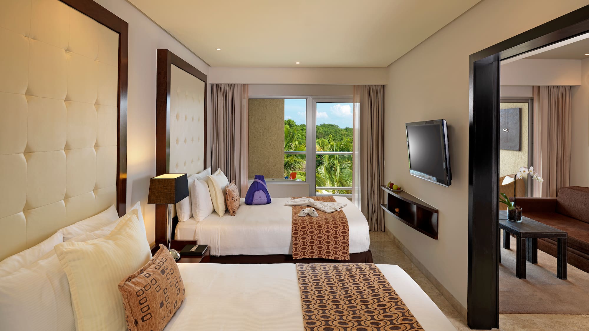 a room with two beds and a television