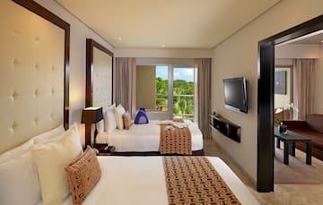 a room with two beds and a television