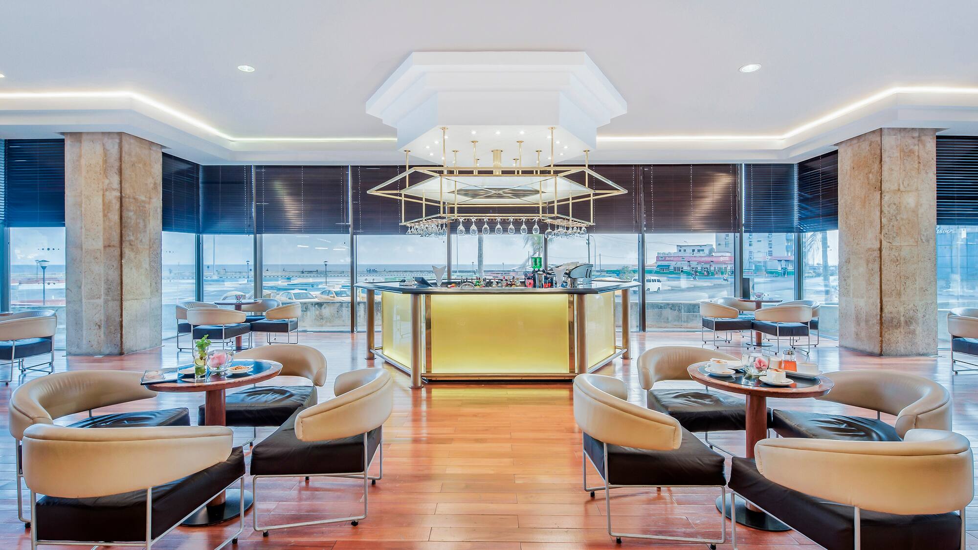 a room with tables and chairs