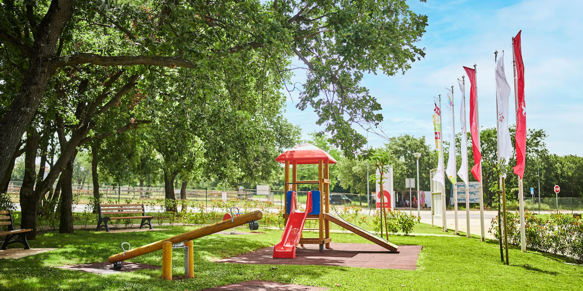 a playground with a slide and a tree