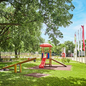 a playground with a slide and a tree