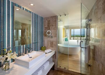 a bathroom with a glass shower door and a tub