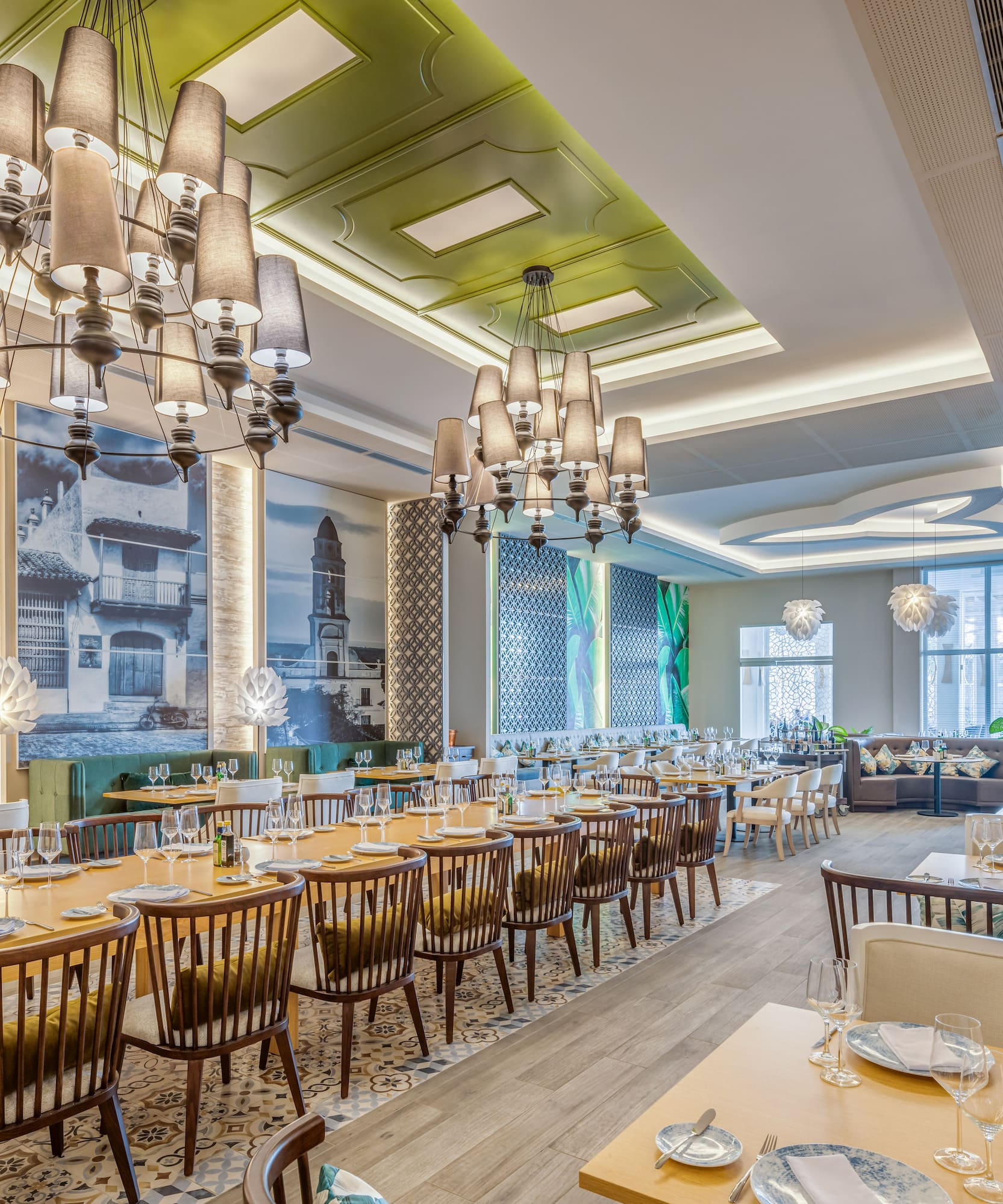 a large room with tables and chairs