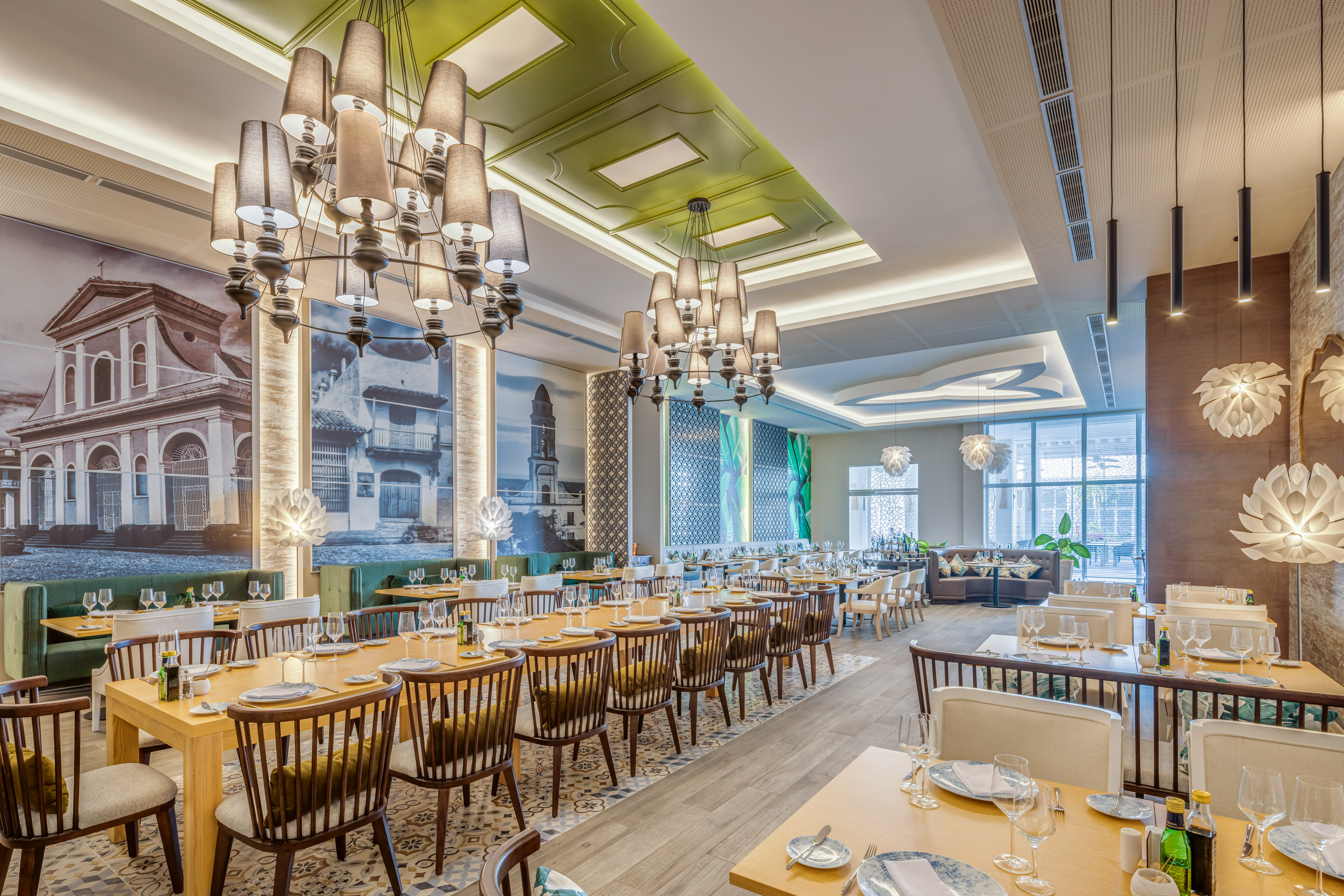 a large room with tables and chairs