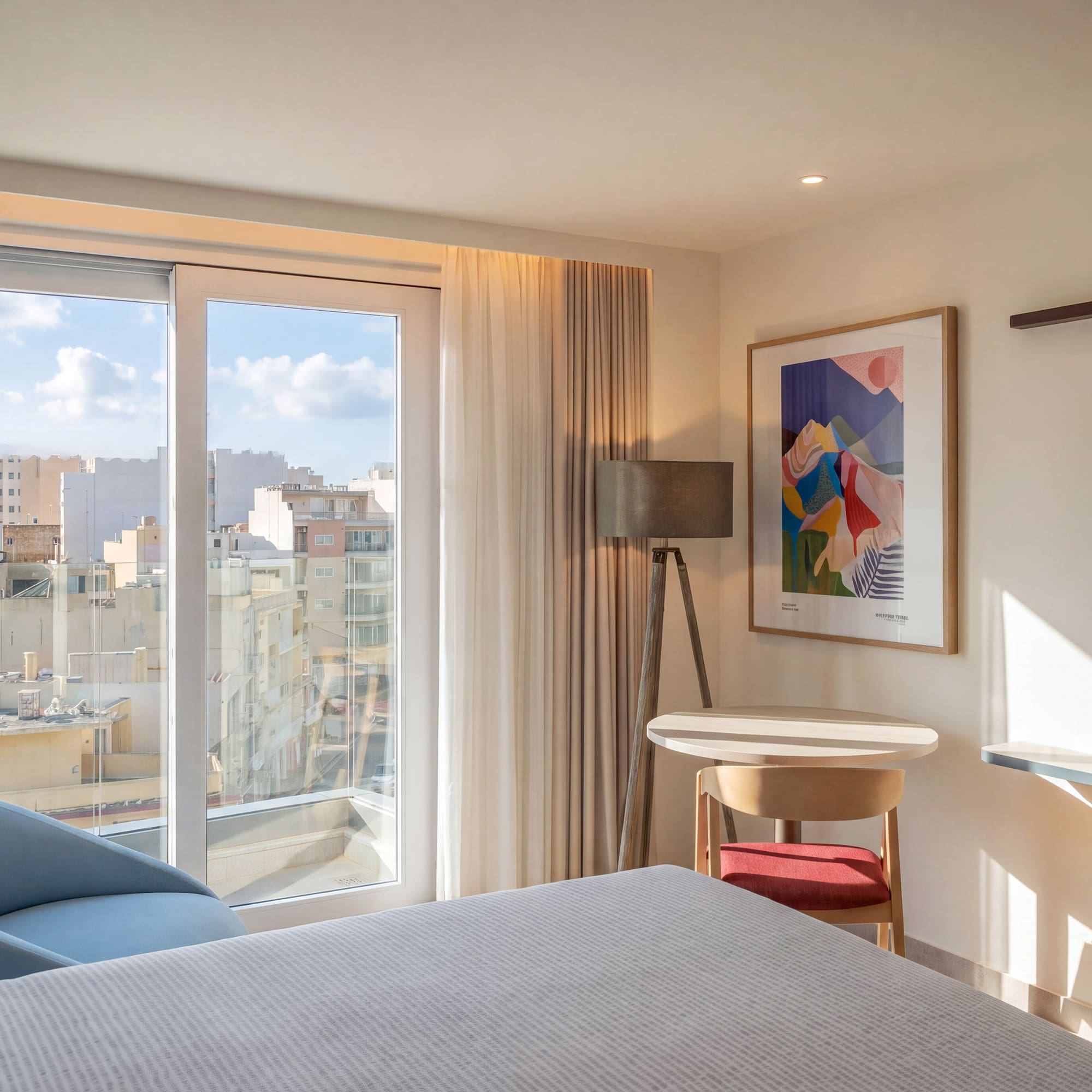 Modern hotel bedroom with city view, large window, abstract art, blue armchair.