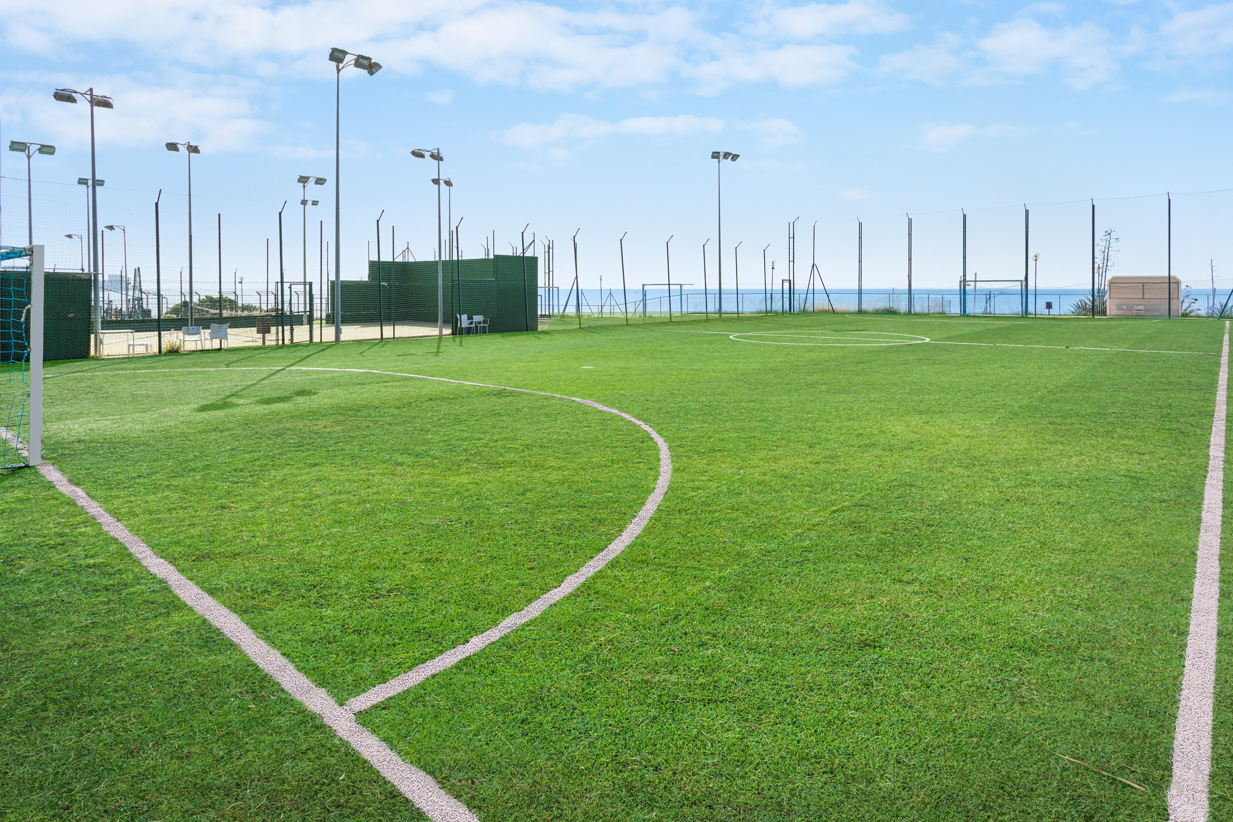 Artificial turf soccer field with white lines, goal, floodlights, and sea view.