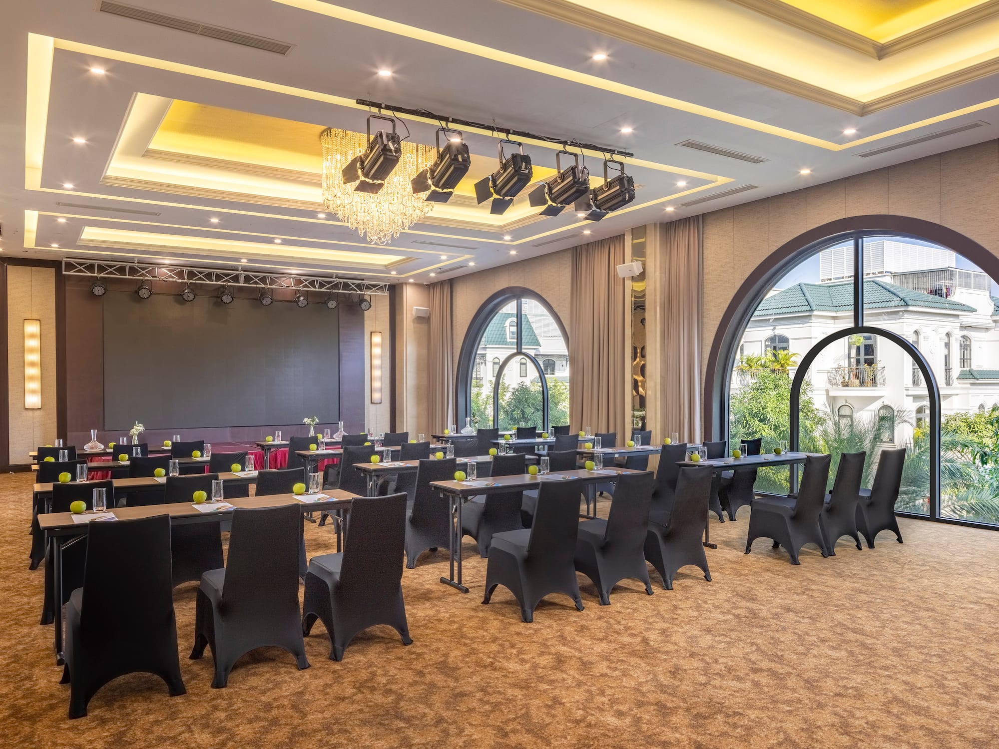 a room with tables and chairs