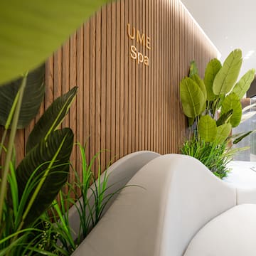 a room with white chairs and plants