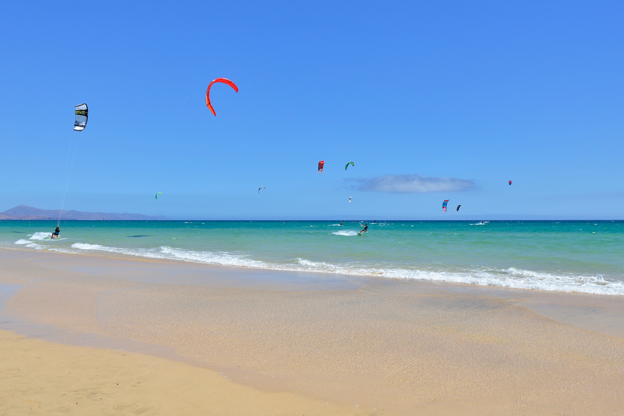 a group of people kite surfing on a beach