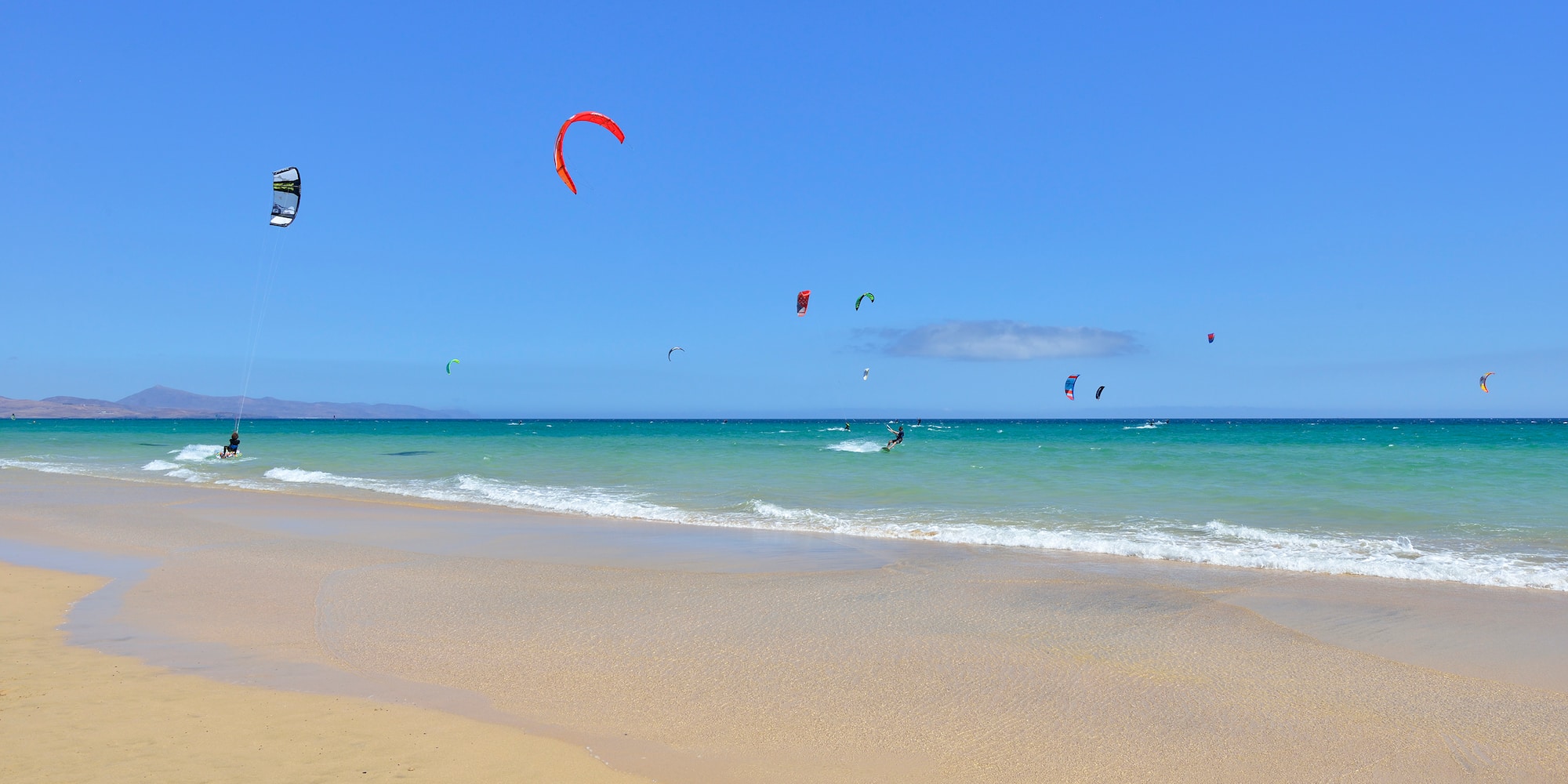a group of people kite surfing on a beach