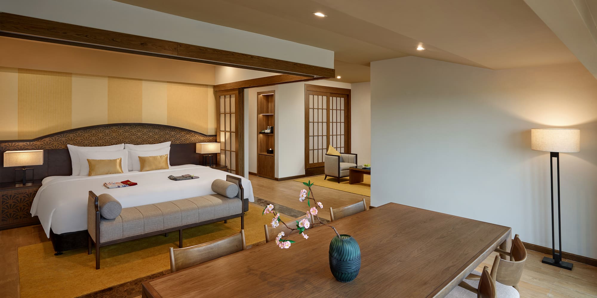 a room with a bed and a table