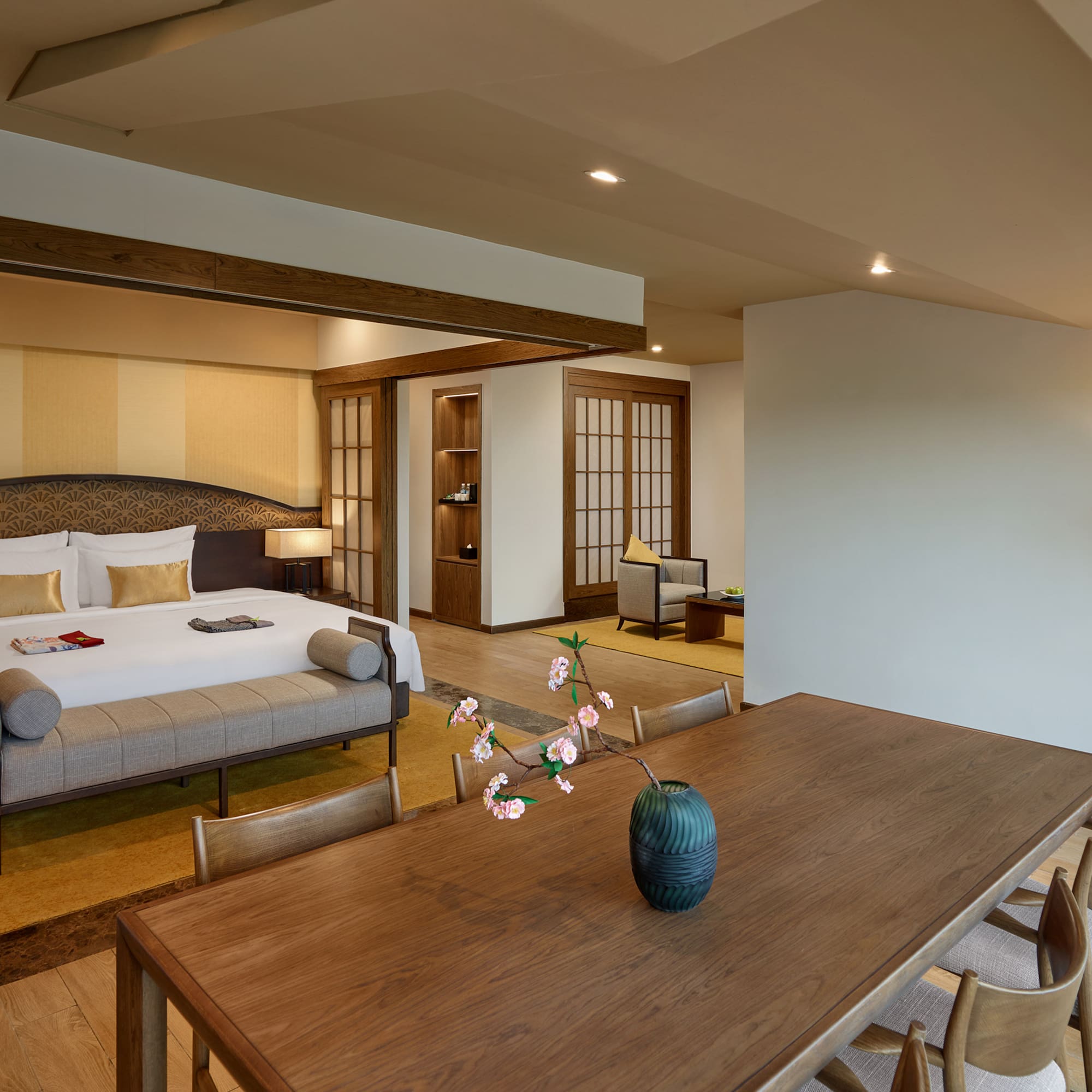 a room with a bed and a table