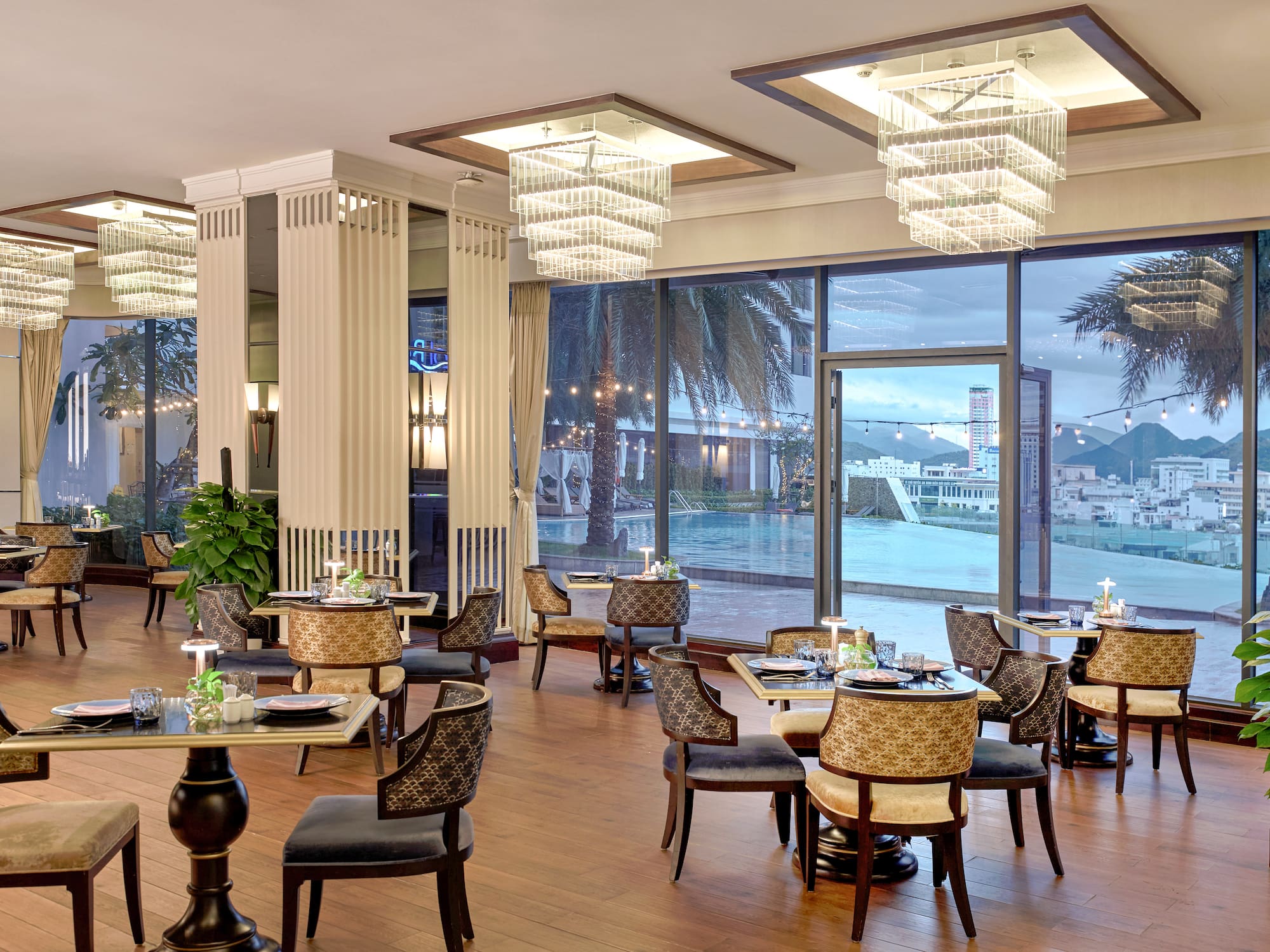 a room with tables and chairs