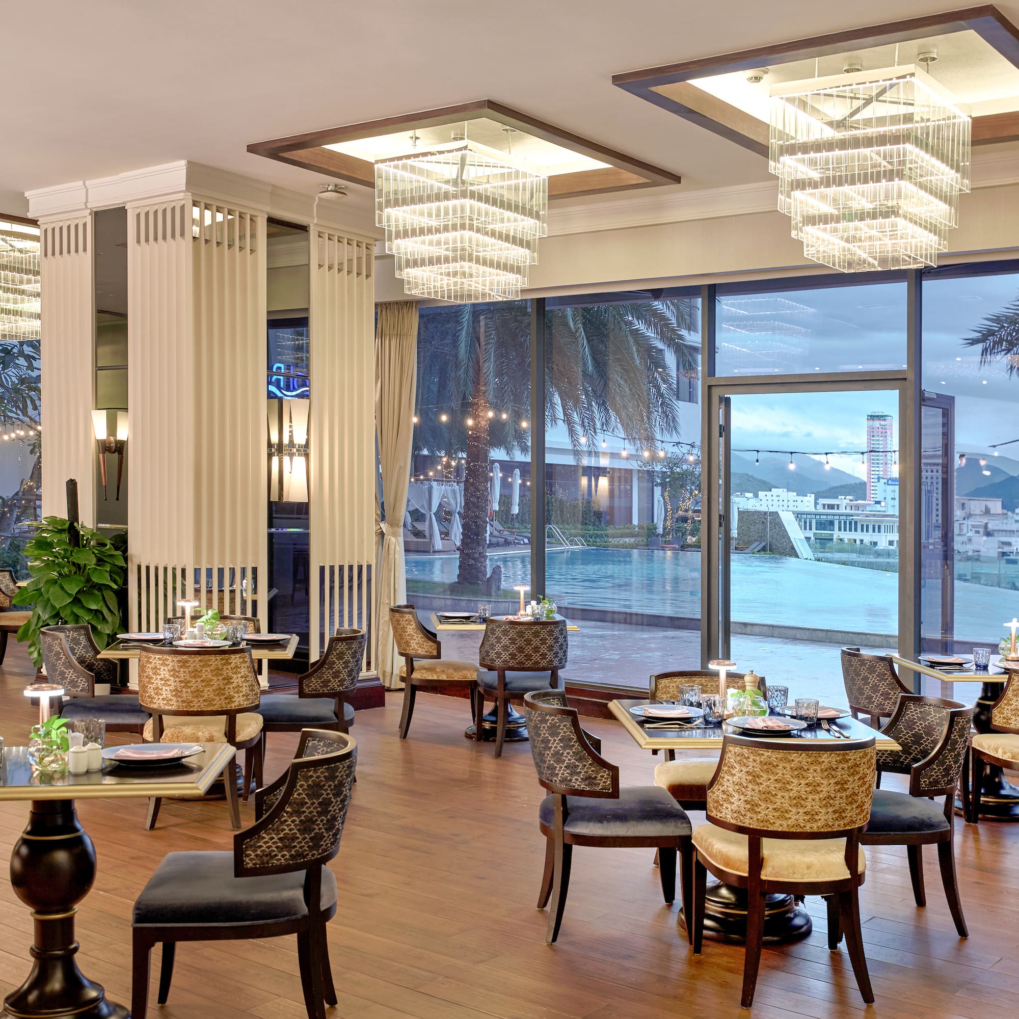 a room with tables and chairs