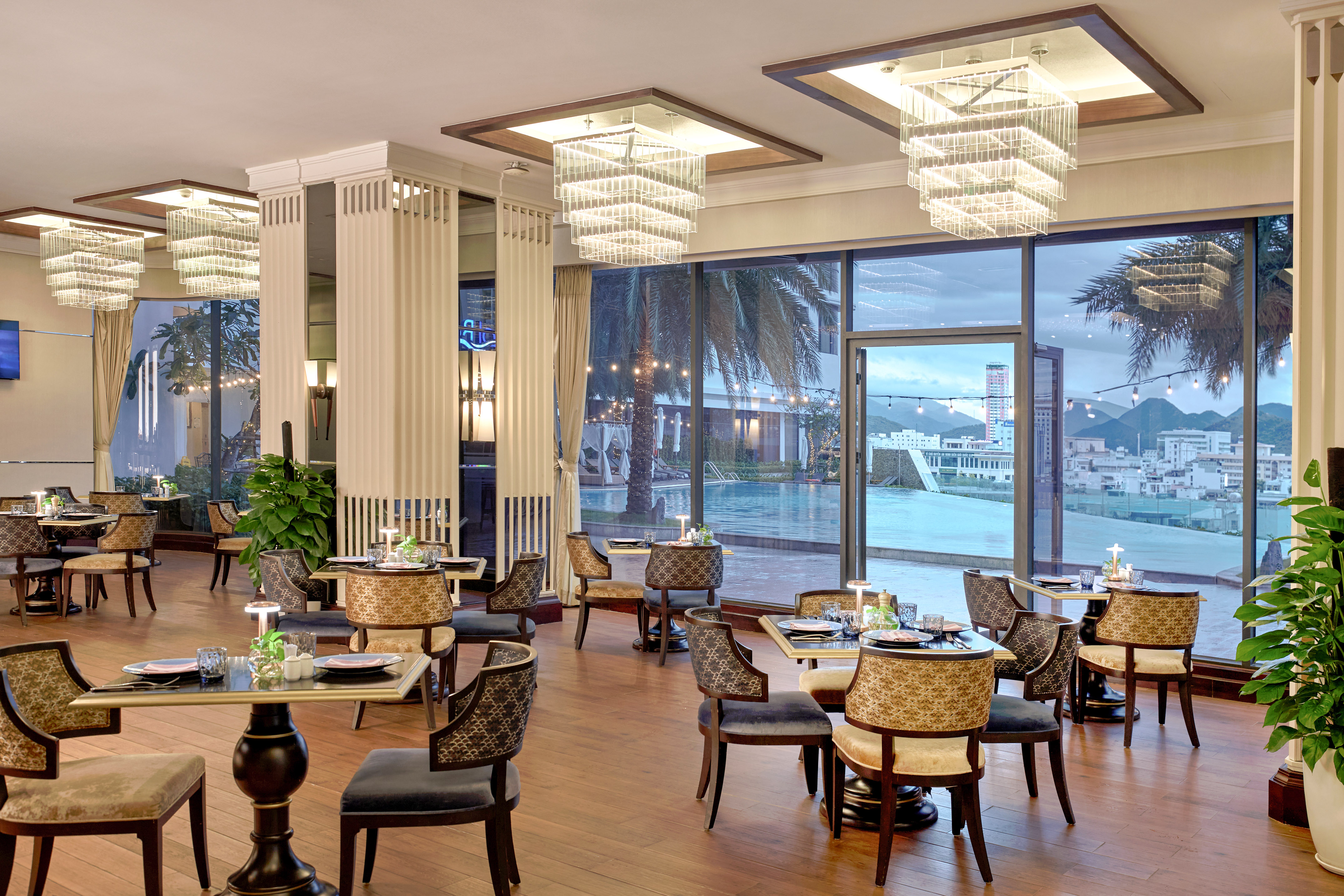 a room with tables and chairs