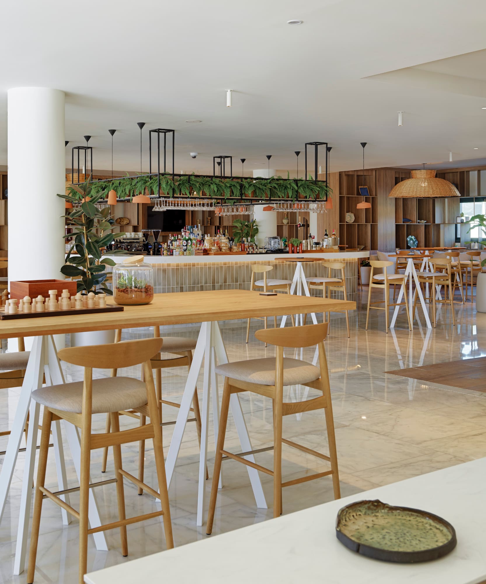 a large room with tables and chairs