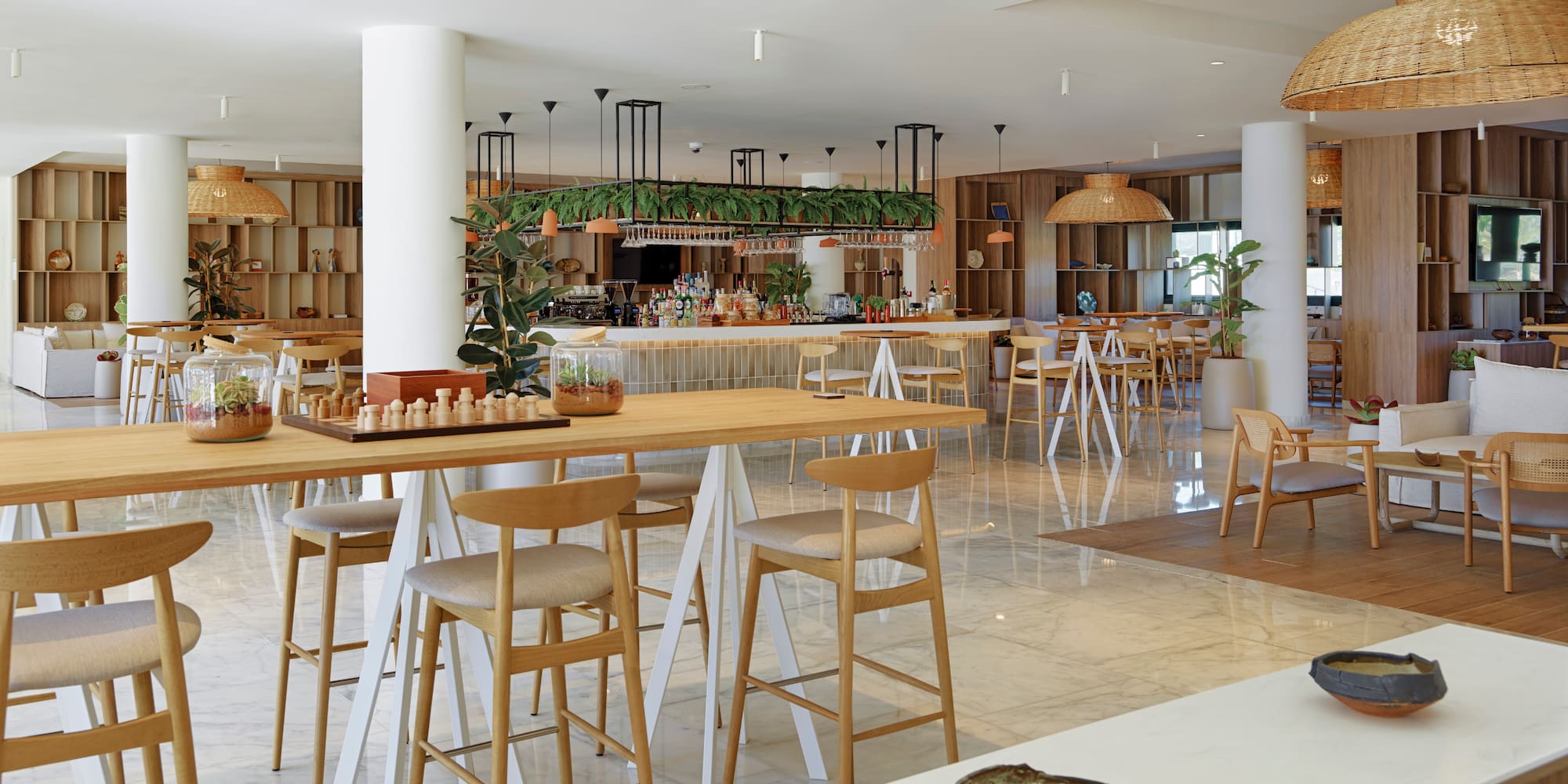 a large room with tables and chairs