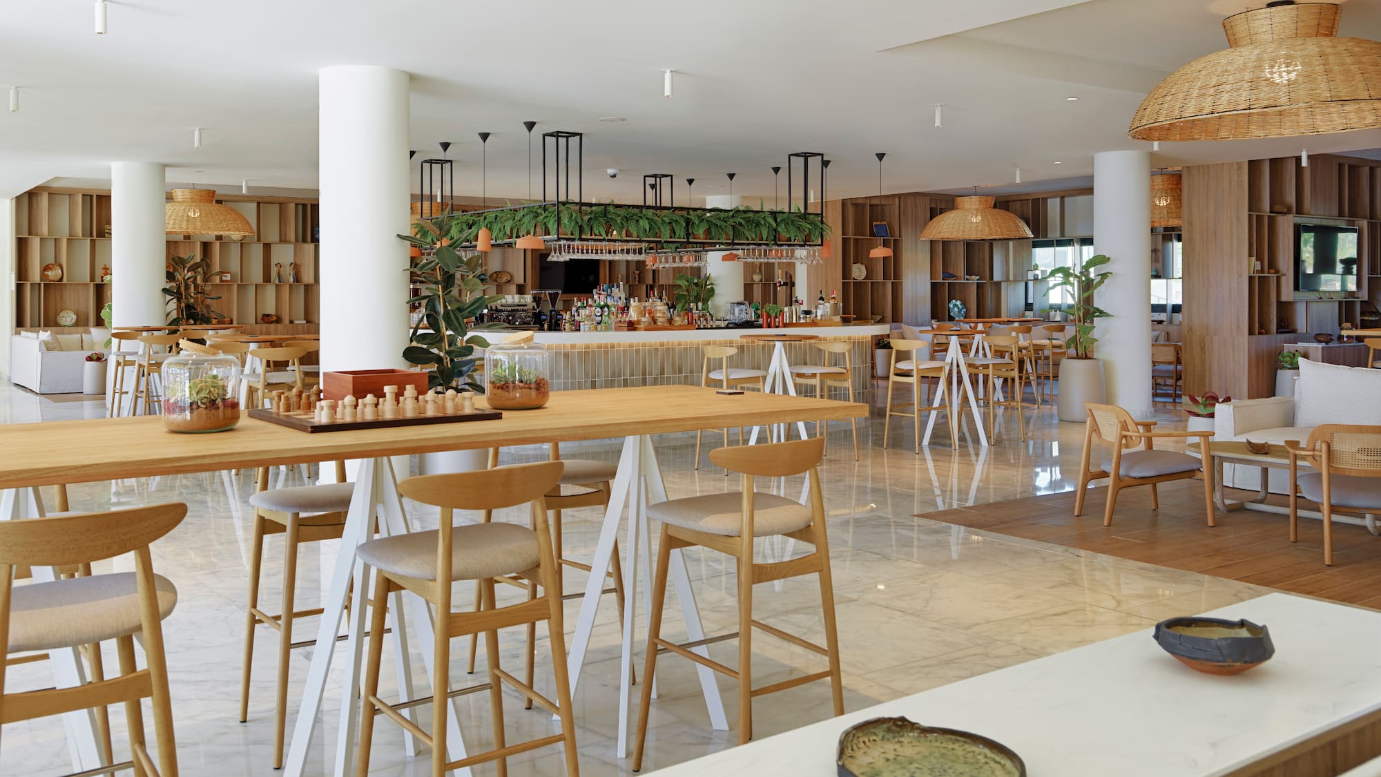 a large room with tables and chairs
