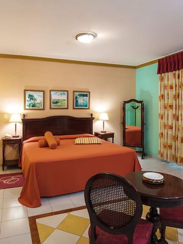 a bedroom with a bed and a mirror