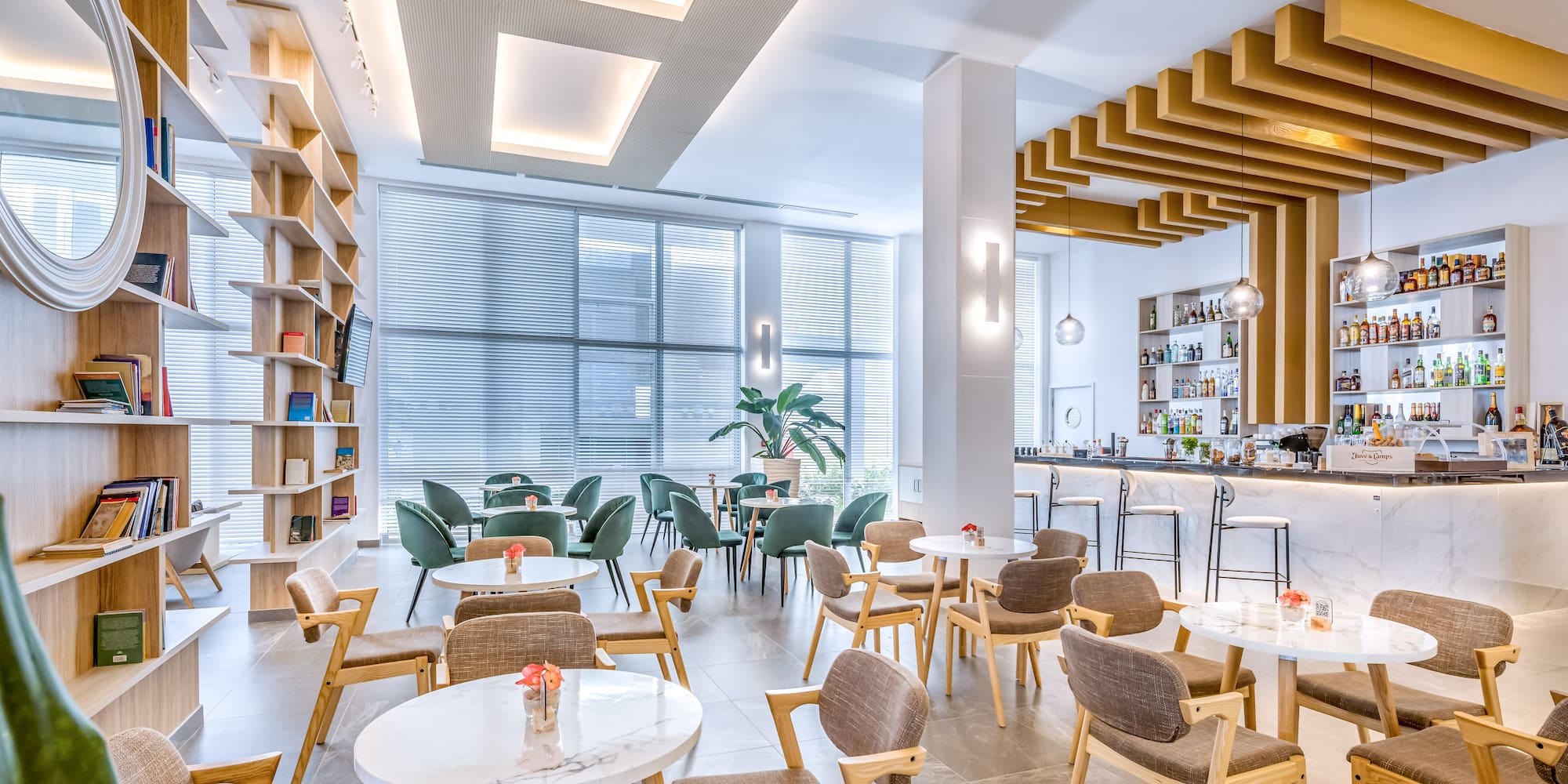 a room with tables and chairs