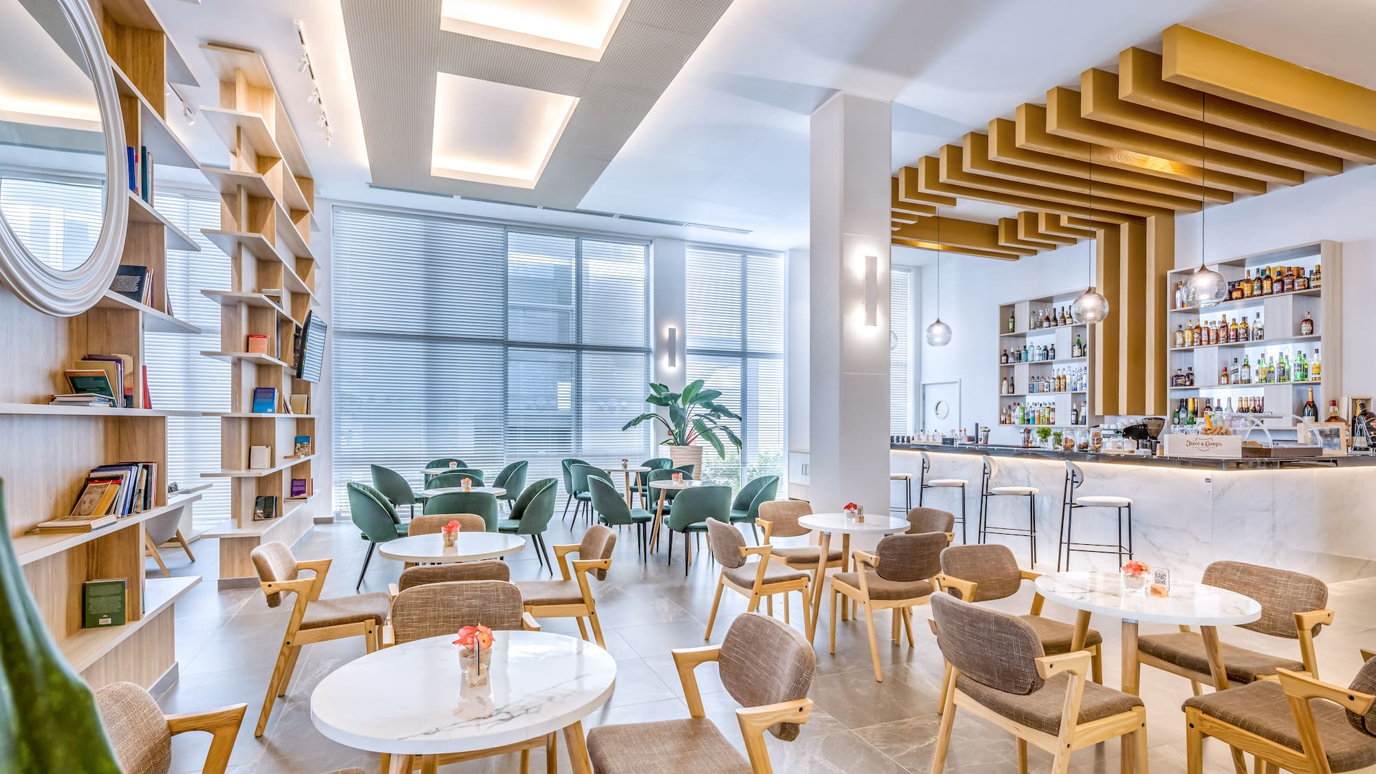 a room with tables and chairs