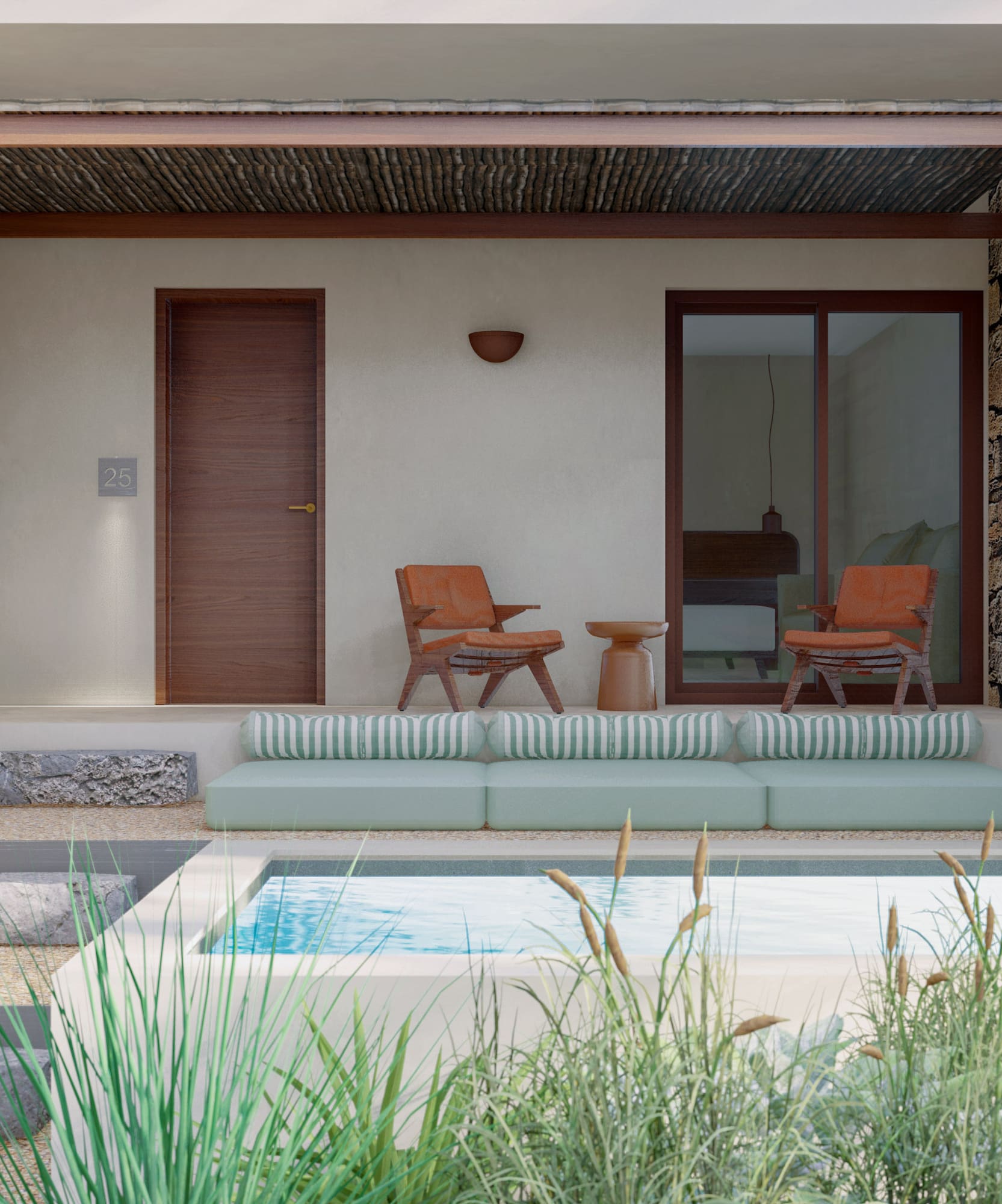 a patio with a pool and chairs