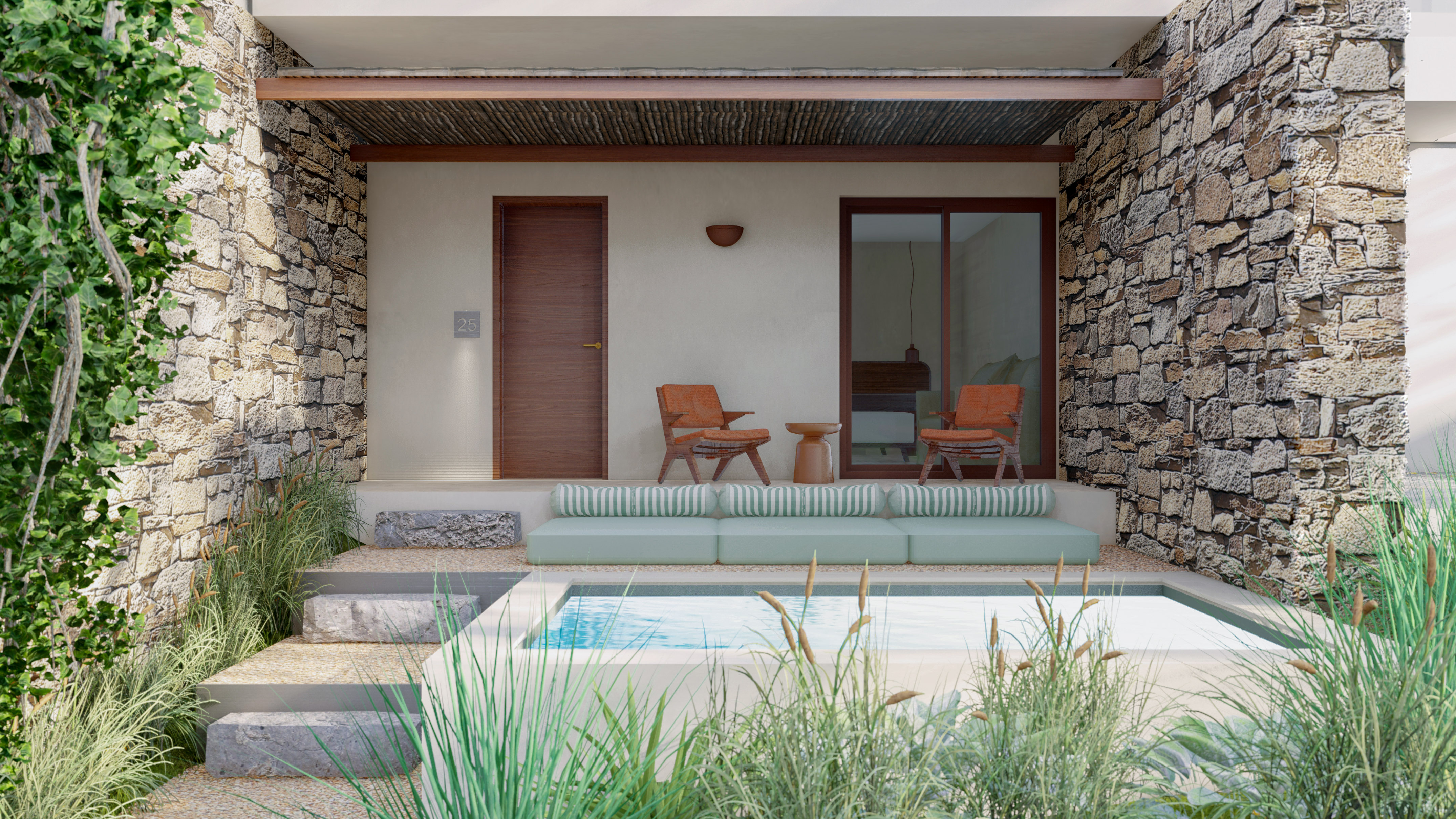 a patio with a pool and chairs
