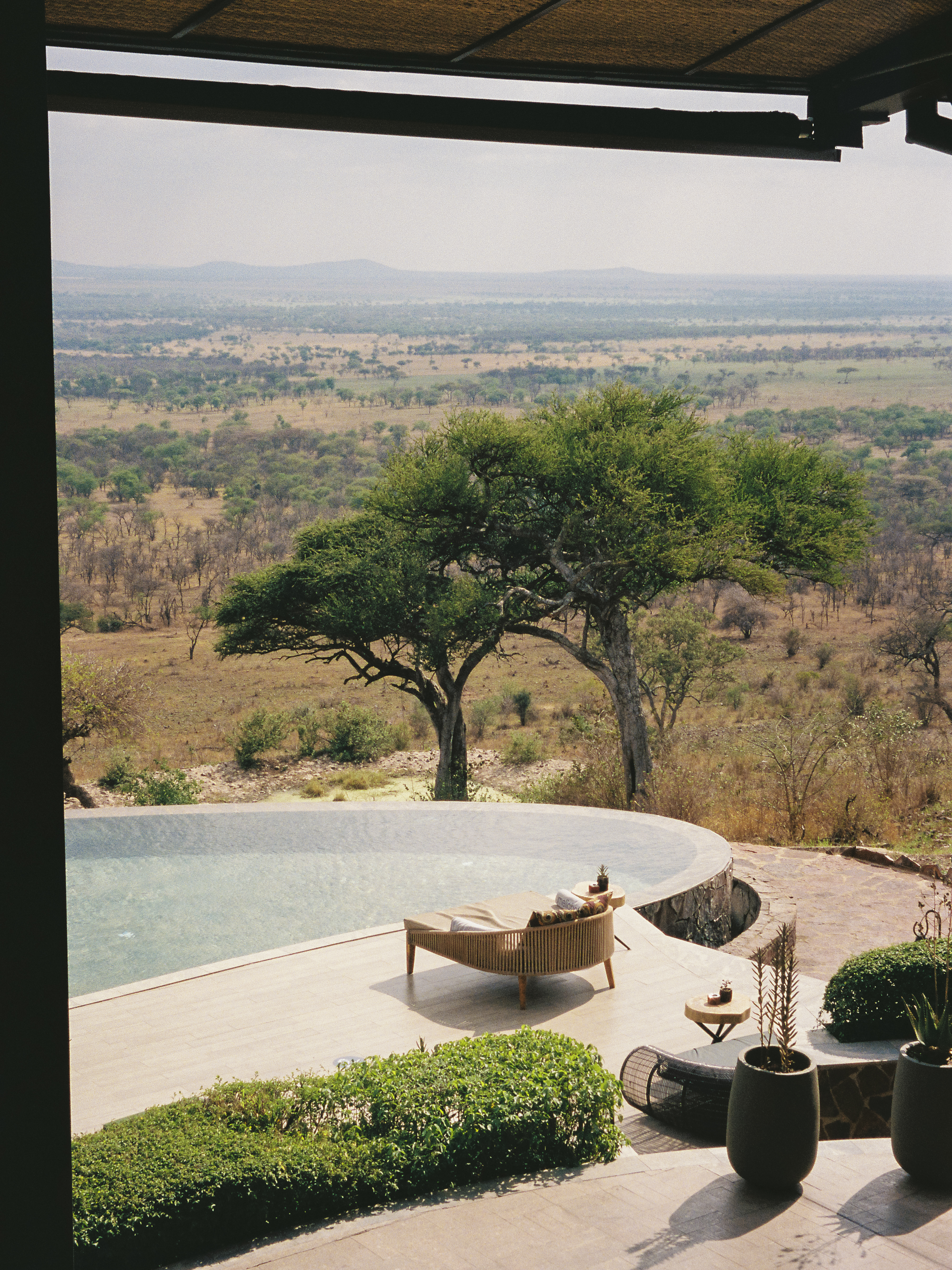 Infinity pool, lounge chair, and savanna view at a luxury African lodge.