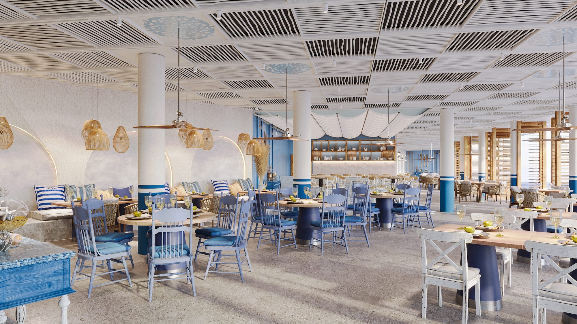 a room with tables and chairs