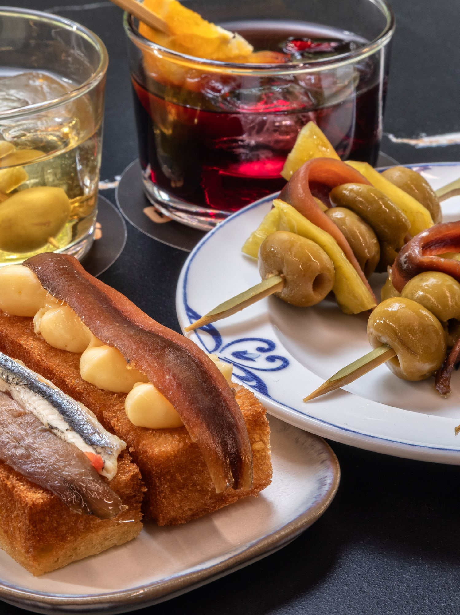 a plate of food and drinks