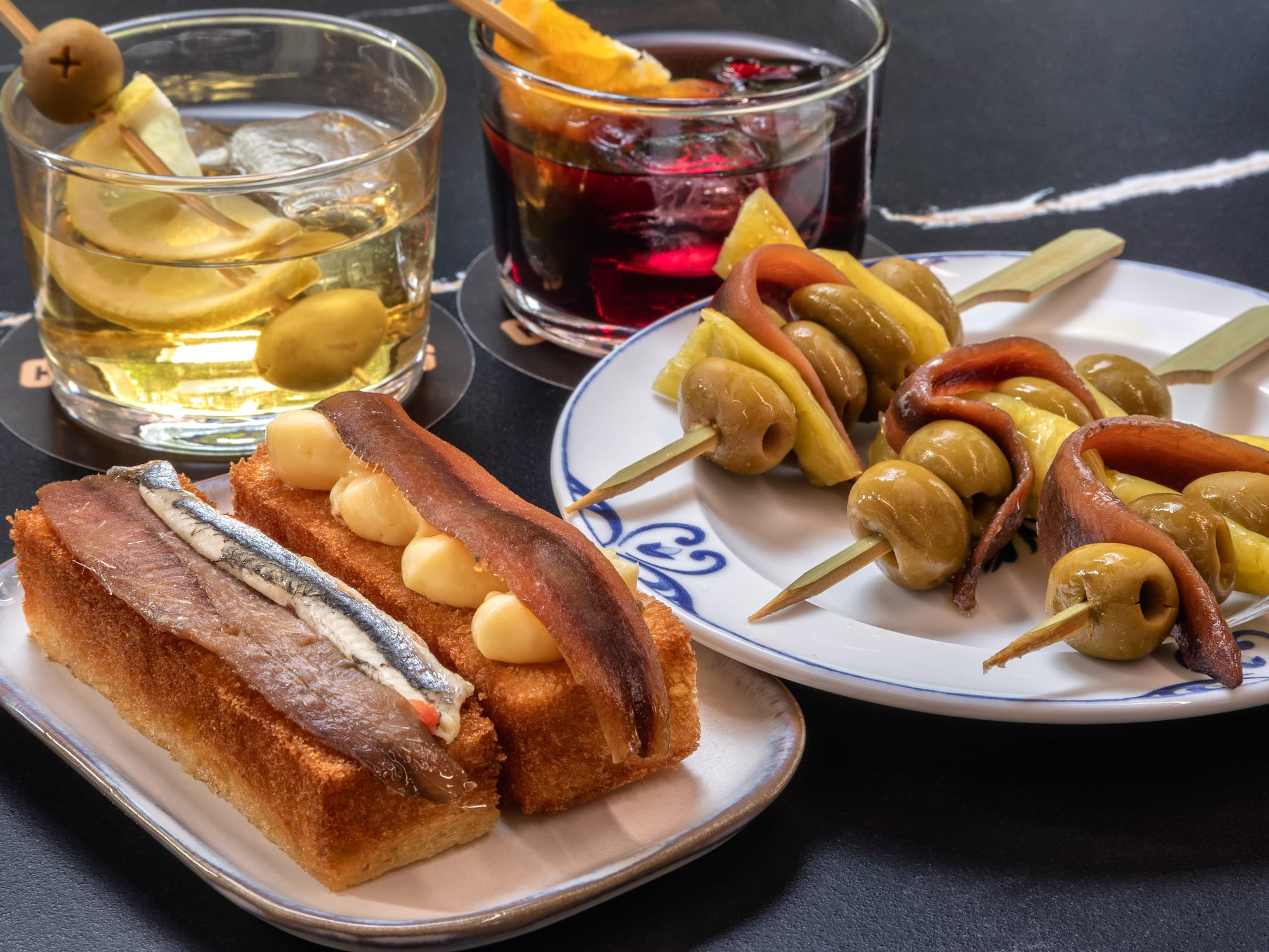 a plate of food and drinks