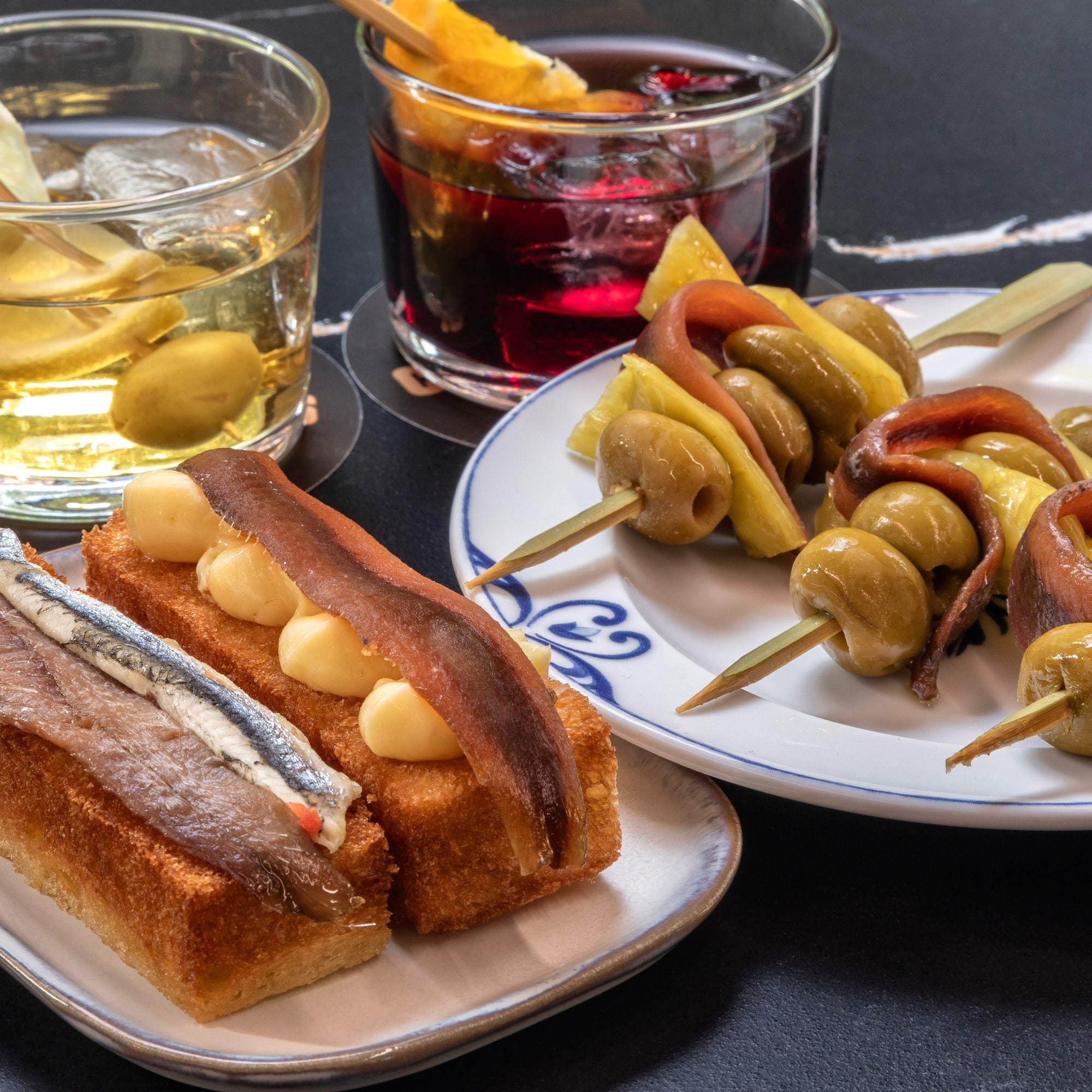 a plate of food and drinks