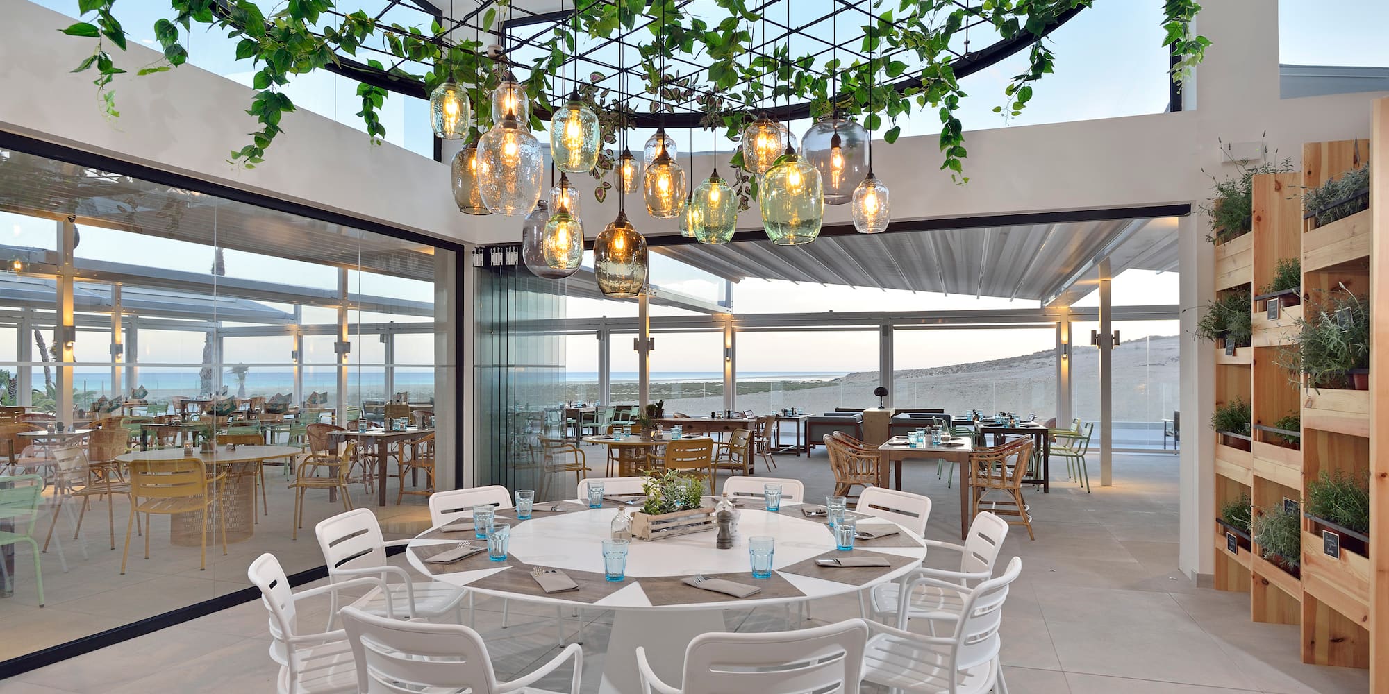 Coastal restaurant with panoramic ocean view, modern decor, and hanging plants.