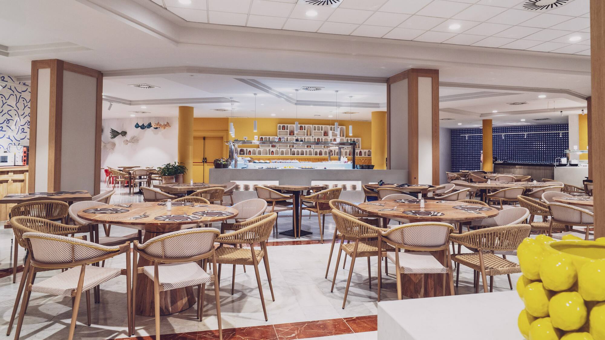 a room with tables and chairs